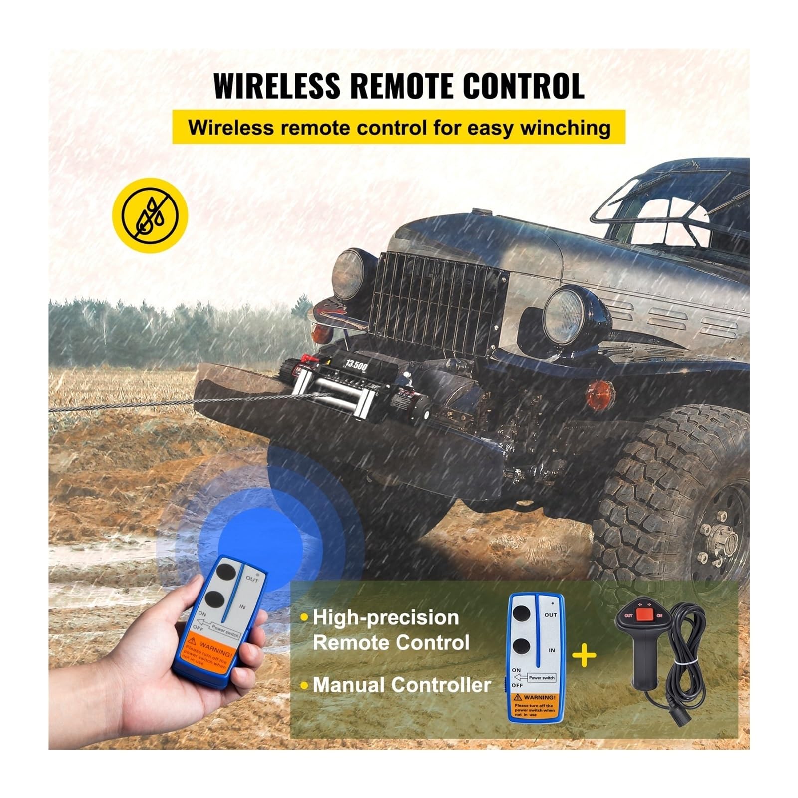 Wciągarka elektryczna 13 500 funtów / 6123,5 kg, 12 V, z liną o długości 24 m, wciągarka elektryczna, wciągniki elektryczne z bezprzewodowym pilotem (wytrzymała lina stalowa)(1500W with control)