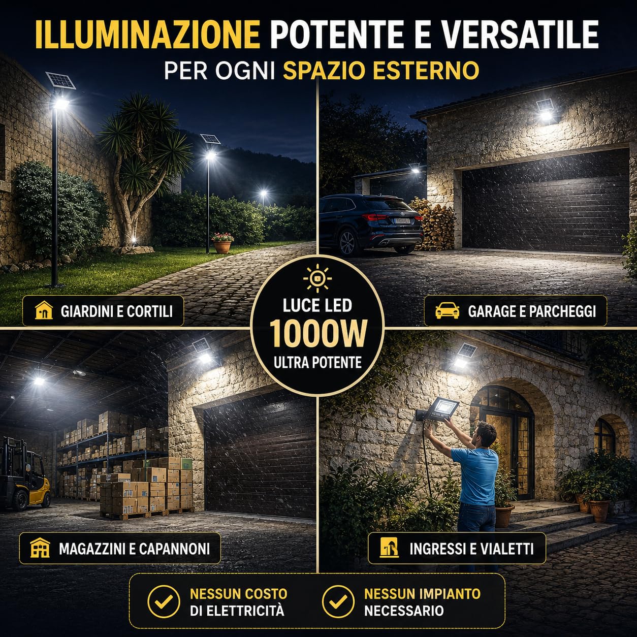 Faro Solare LED 1000W con Pannello Solare, Luce da Esterno 6500K Ultra Potente, Sensore Crepuscolare Automatico, Telecomando, IP67 Impermeabile, Faretto Solare per Giardino, Cortile, Garage, Vialetto