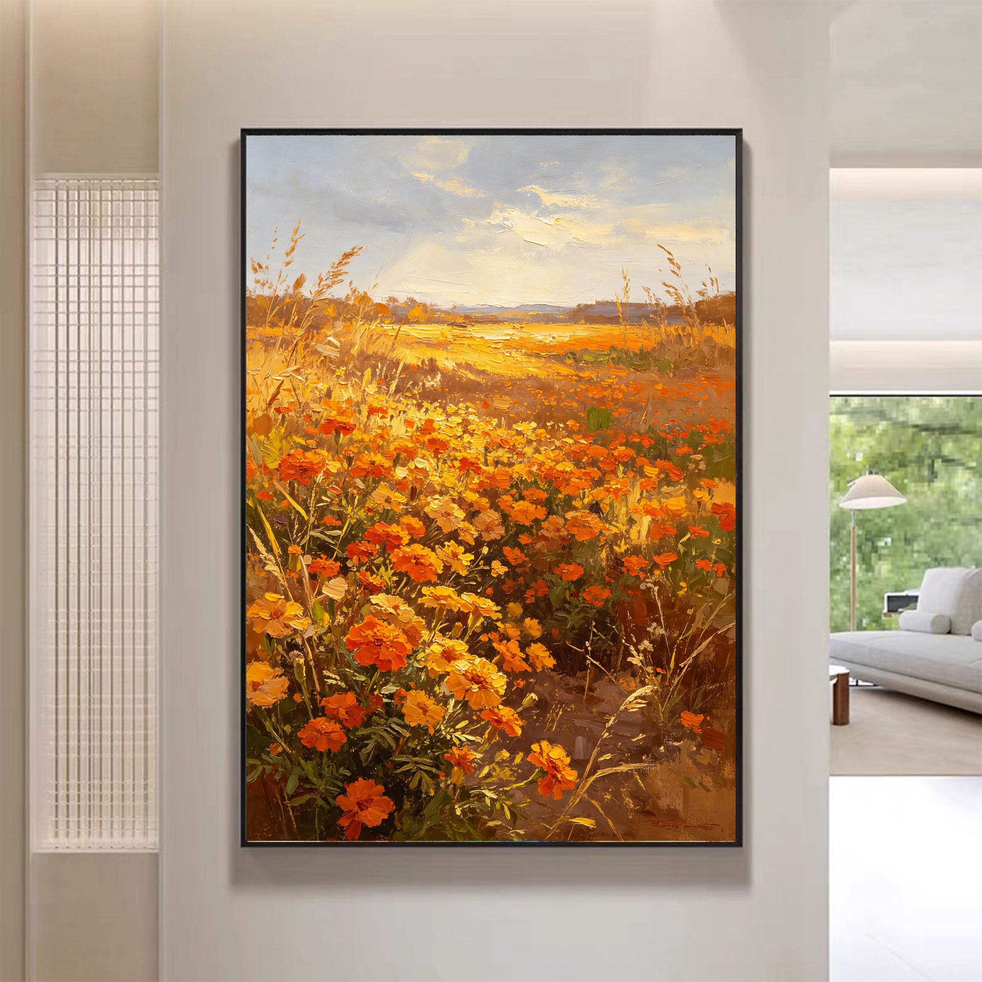 LCDIUDIU Dipinto Ad Olio Su Tela, Paesaggio Materico Dipinto A Mano, Senza Cornice, Autunnale, Fiori Selvatici, Prato Dorato, Tramonto, Opera D'Arte Rurale E Pastorale per La Decorazione Della Casa