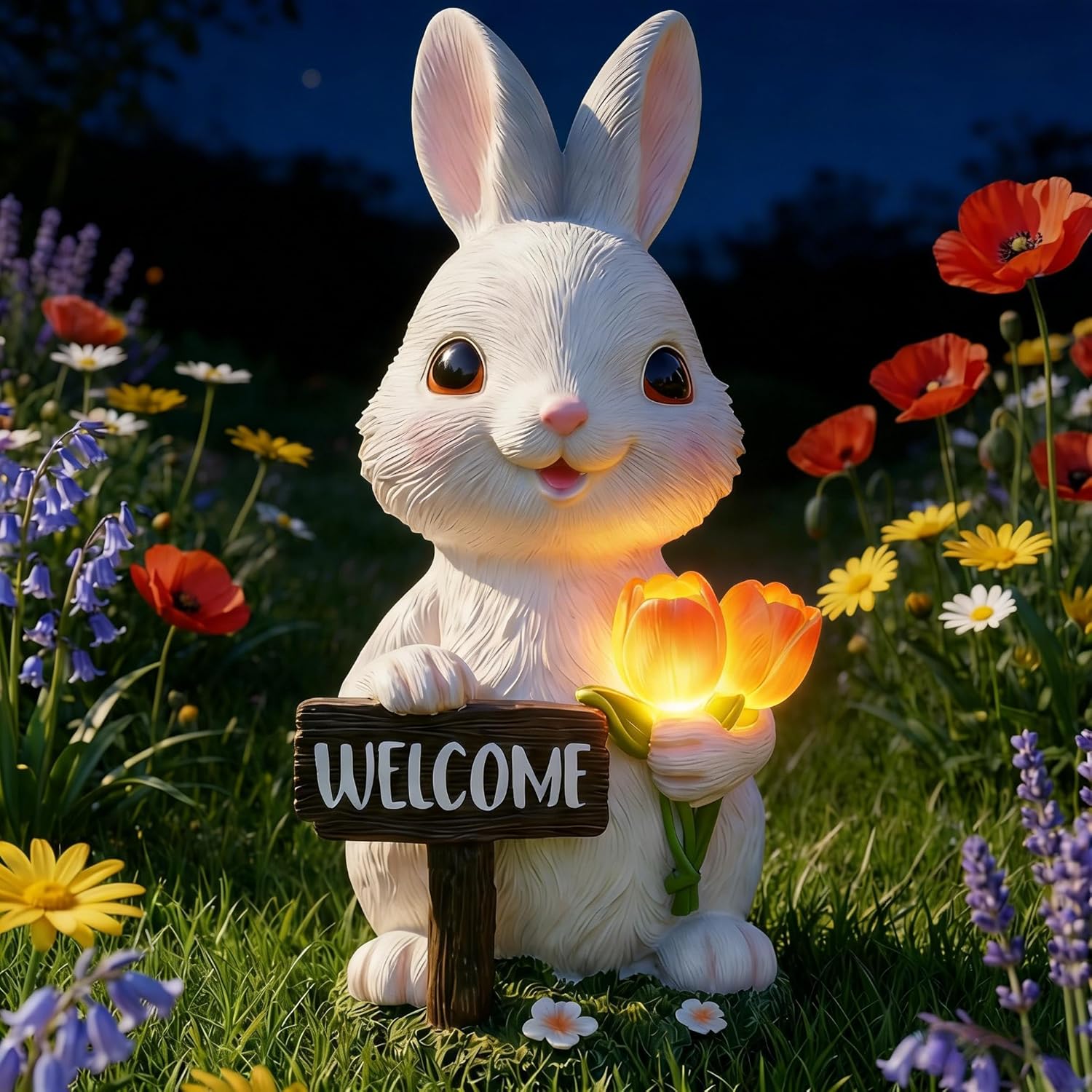 Solar Garden Outdoor Rabbit Statue Lights, Waterproof LED Bunny Sculptures for Patio Yard Lawn Backyard Decor (White)