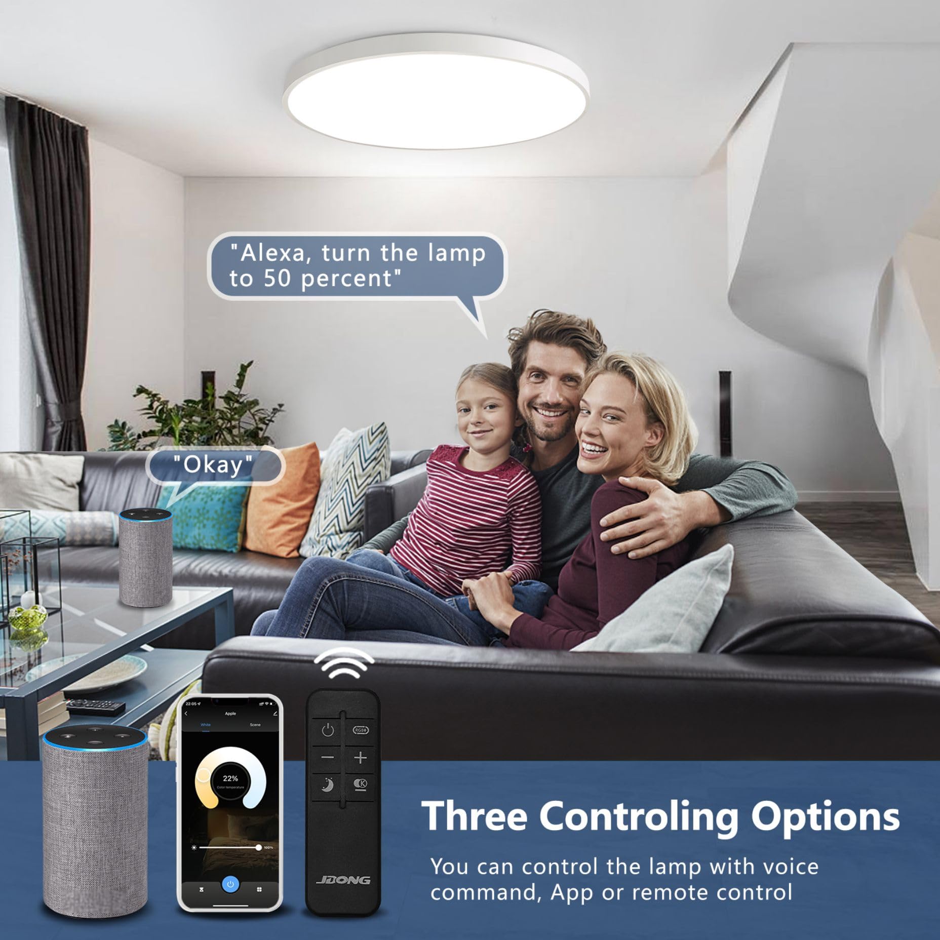 54W LED Deckenlampe Dimmbar mit Fernbedienung 3000K-6500K Ultra Dünn Ø50x4CM Flach Runde Deckenleuchte kompatibel mit Alexa Google Home Wifi Lampe für Wohnzimmer Schlafzimmer
