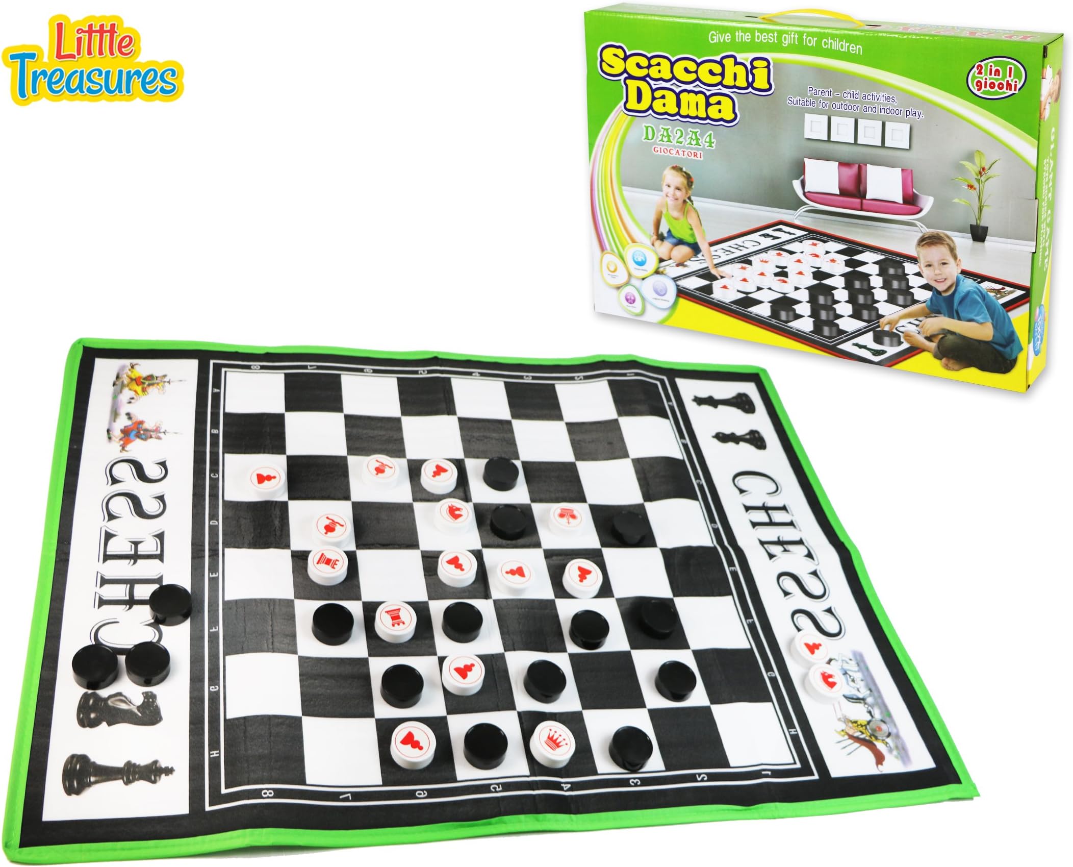 Scacchi DAMA is a 2 in 1 Chess Starter Game Set for Kids 3 Plus a Giant Board Game for Indoor and Outdoor Play Time.
