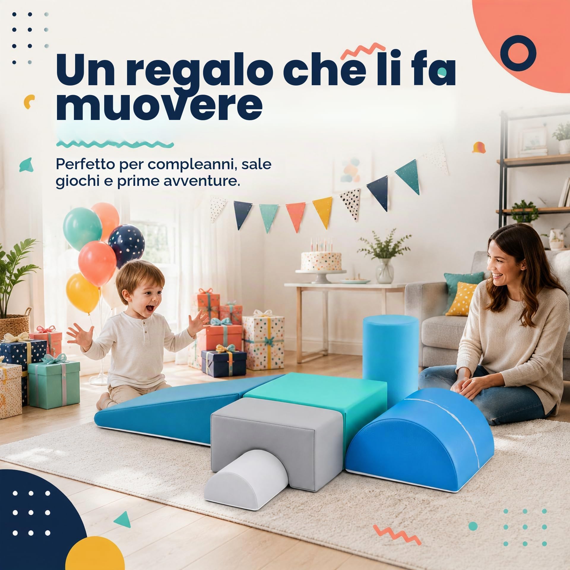 JungleDove Blocchi per Bambini in Schiuma Set: 6 Pezzi Pelle PU Set da Gioco Blocchi Morbidi per Bambini - Arco Ellittico Percorso a Ostacoli per Infanzia per Soggiorno Cameretta e Asilo Nido
