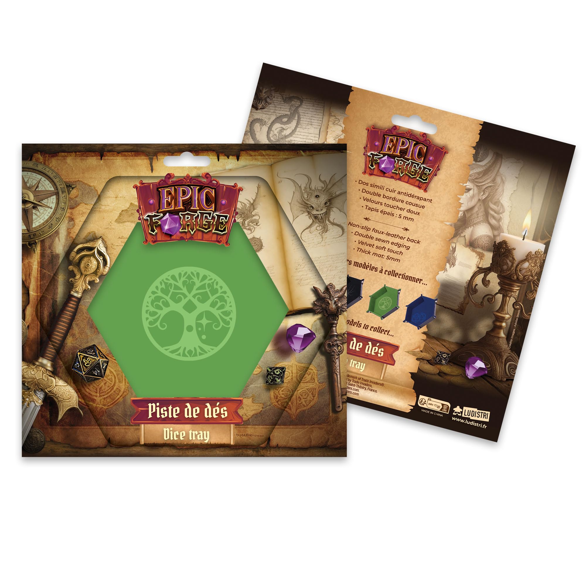 Epic Forge-Dice Track - Yggdrasil Tree Green - 19 x 19 cm - Leather and Velvet