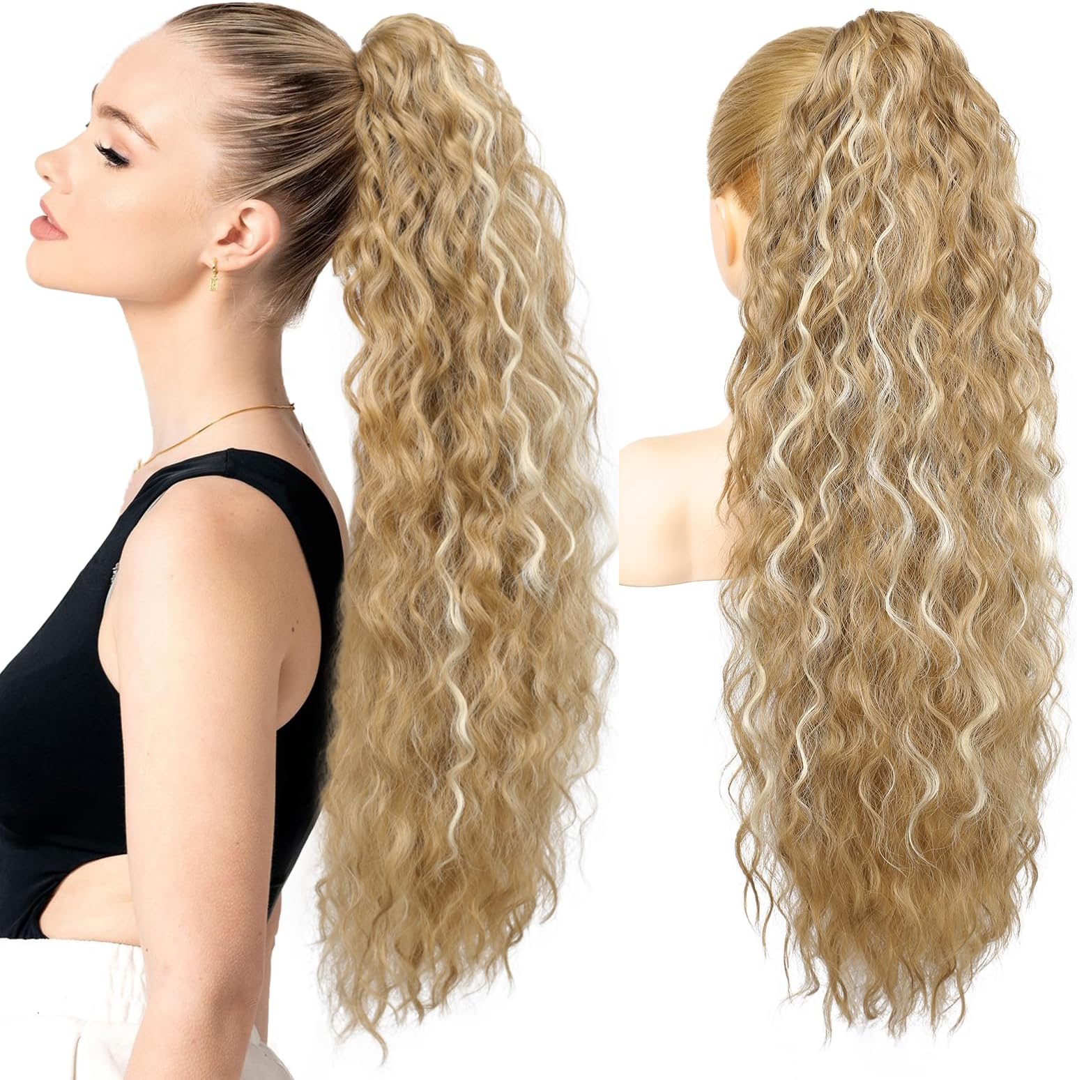 Ponytail Extension 30" Long Claw Clip Ponytail Extensions Curly Wavy Pony Tails Hair Extensions Synthetic Hairpiece, Medium Blonde with Blonde Highlights
