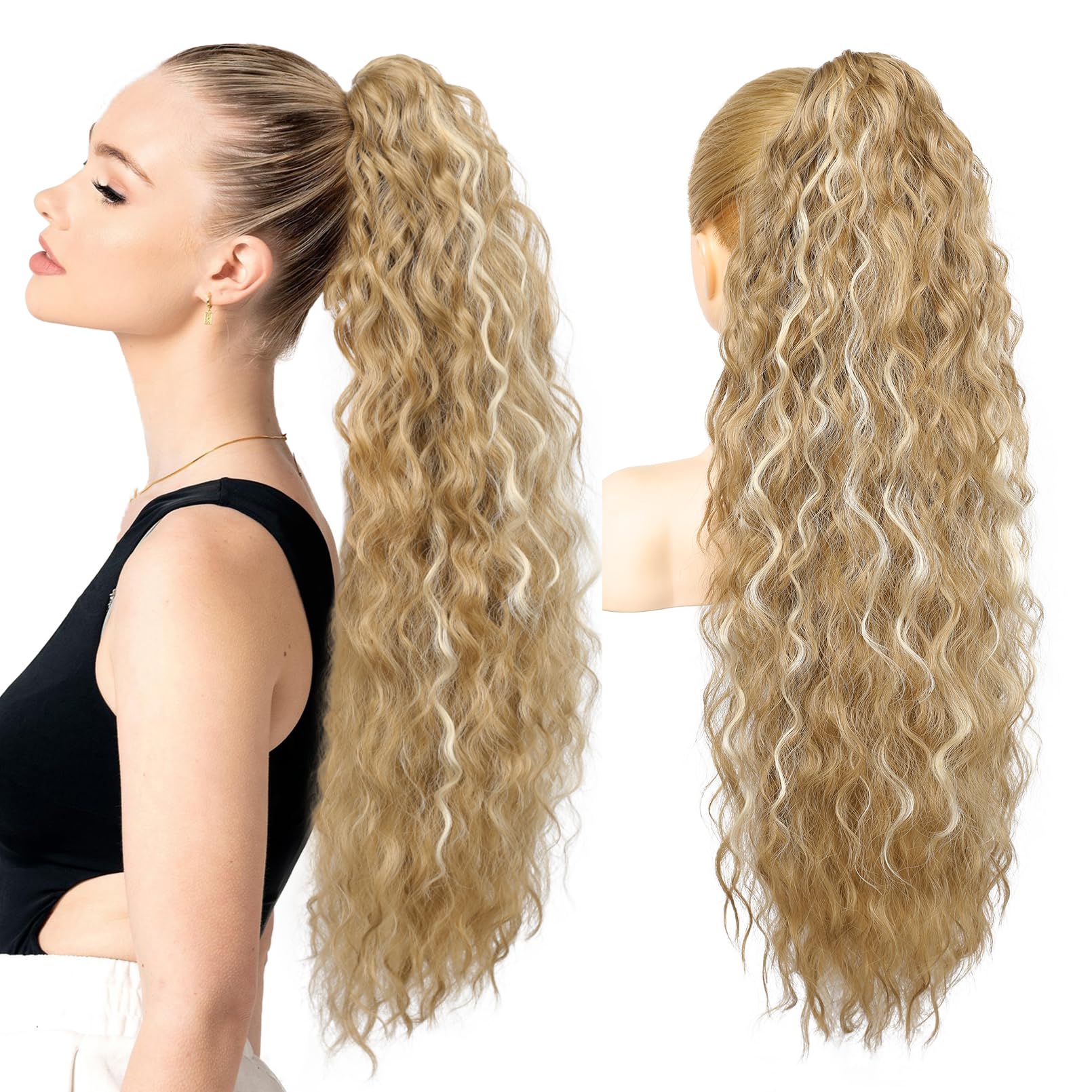 Ponytail Extension 30" Long Claw Clip Ponytail Extensions Curly Wavy Pony Tails Hair Extensions Synthetic Hairpiece, Medium Blonde with Blonde Highlights