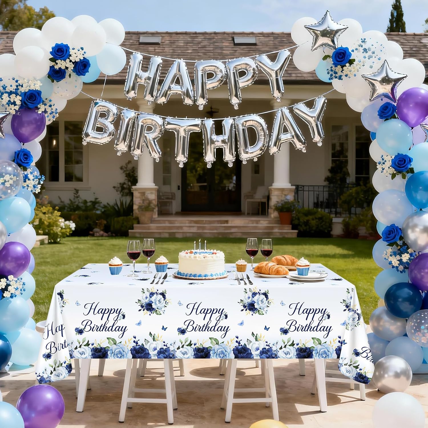 Avezano 3 pcs Blue Birthday Tablecloths 108 x 54 inch Navy Floral Birthday Party Decorations Light Blue Rose Bday Table Covers Disposable for Women Girls