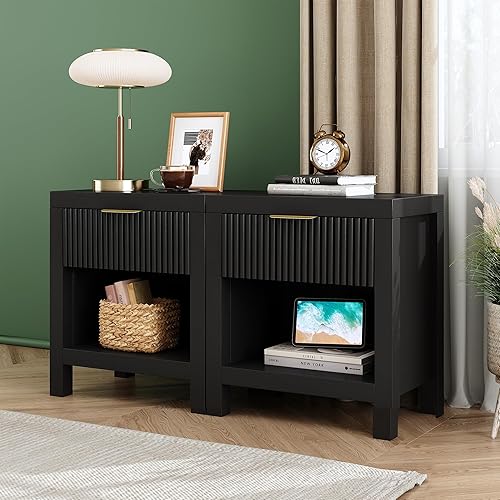 Juego de 2 mesitas de noche, mesa auxiliar de cama con almacenamiento, mesa auxiliar de granja con 2 cajones, armario acanalado para dormitorio,