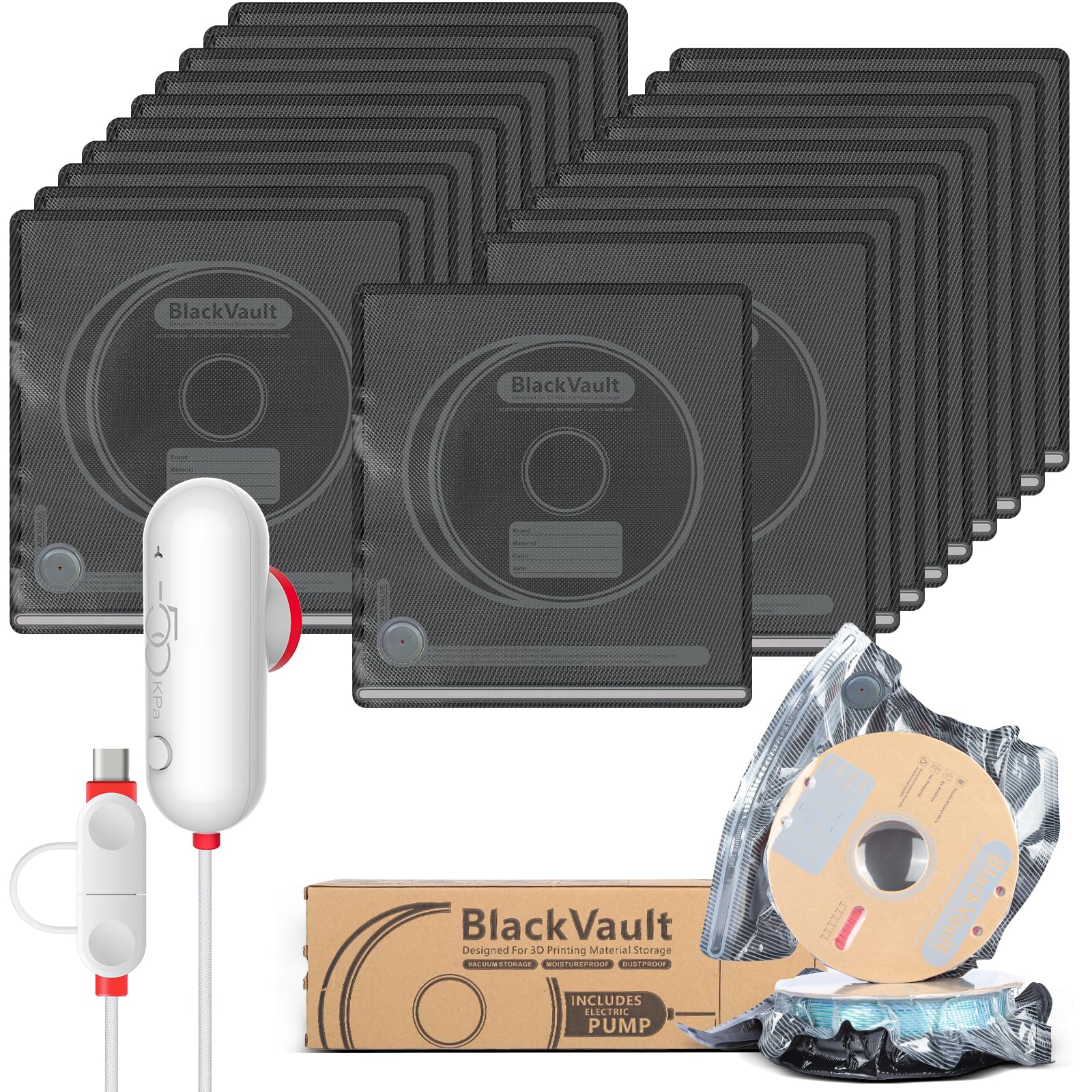 Vacbird 3D Drucker Zubehör Upgrade Vakuum Kit, 20er 3D Filament Vakuumbeutel mit USB-Pumpe(30 * 34cm) Wiederverwendbare, für 3D Drucker Glühfaden Lagerung, Schutz Filament von Feuchtigkeit