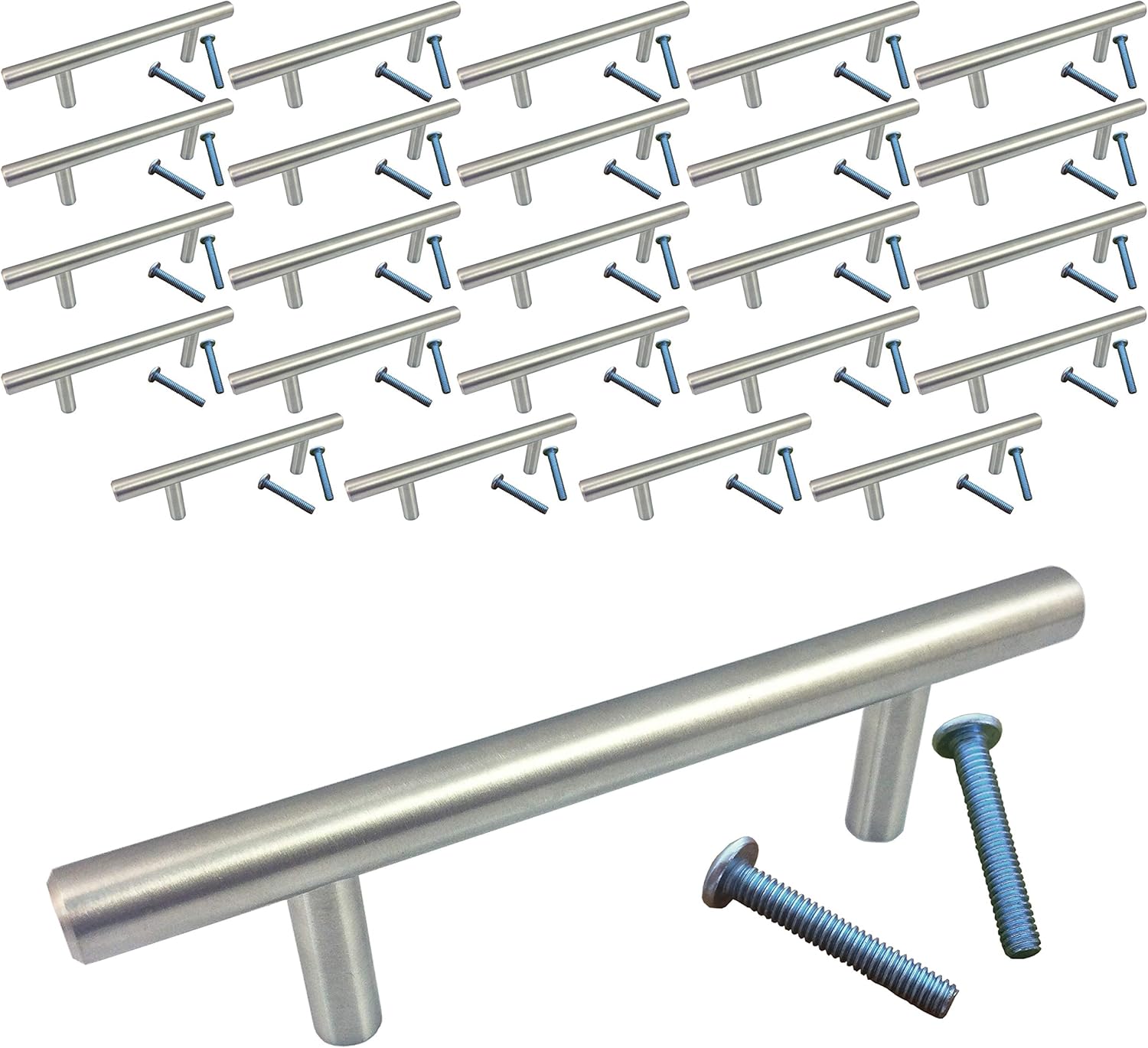 (25 Pack, L: 5 Inch CC: 3 Inch) Swiss Kelly Hardware Satin Nickel Kitchen Cabinet Handles Drawer Pulls