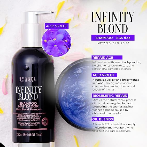 Infinity Blond Home Care Toning Shampoo 8.45 fl oz Neutralizes Yellow Tones, Protects Alpha-Keratin, and Enhances Brightness in Blonde, Bleached, and Gray Hair Camellia Flower Scent Tyrrel