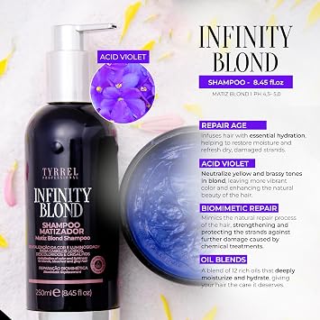 Infinity Blond Home Care Toning Shampoo 8.45 fl oz Neutralizes Yellow Tones, Protects Alpha-Keratin, and Enhances Brightness in Blonde, Bleached, and Gray Hair Camellia Flower Scent Tyrrel
