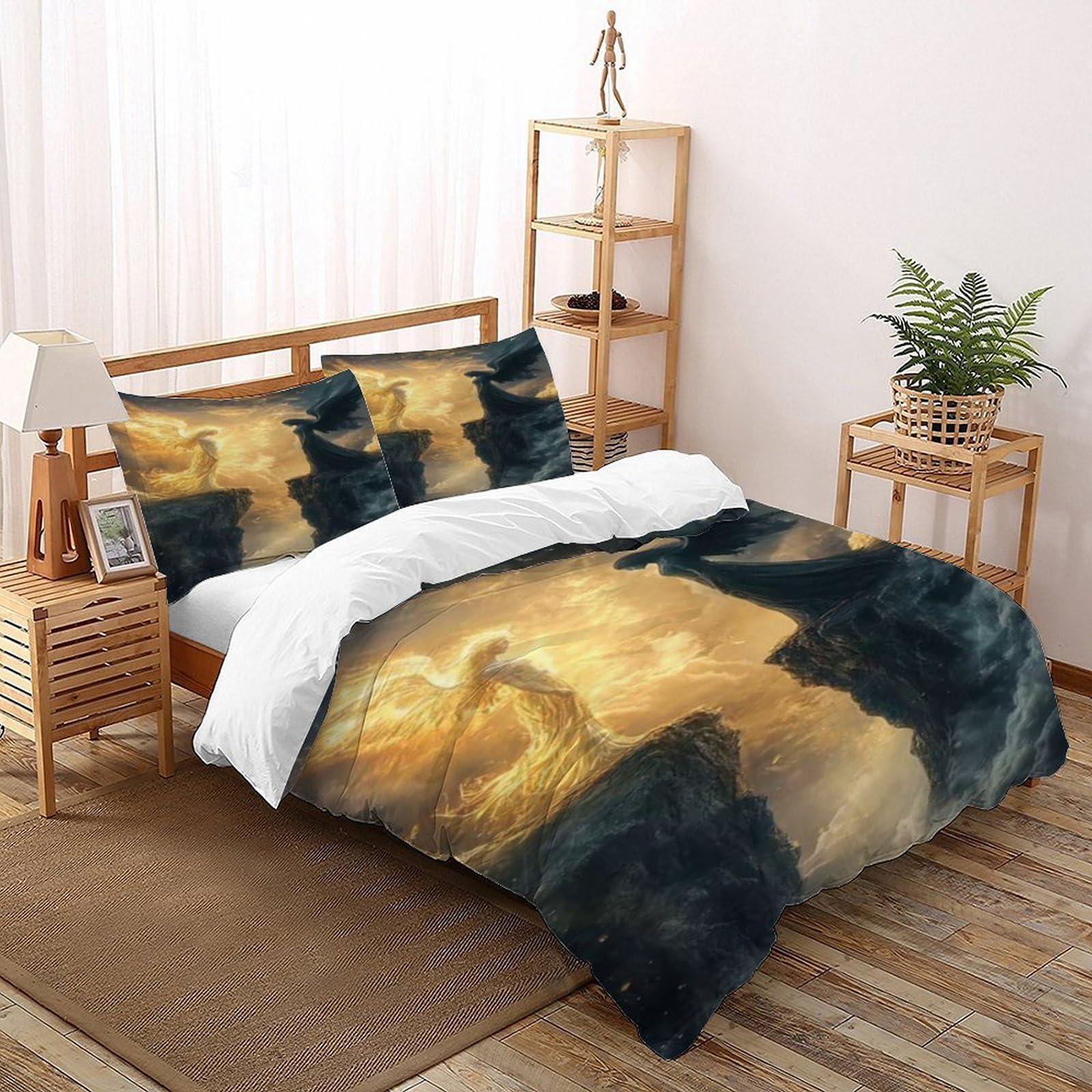 Angel Contrast Bedding Set 3D Digital Printing Gothic Theme Duvet Cover Set Chic Breathable Quilt Cover for Boys & Girls with Pillow Double（200x200cm）