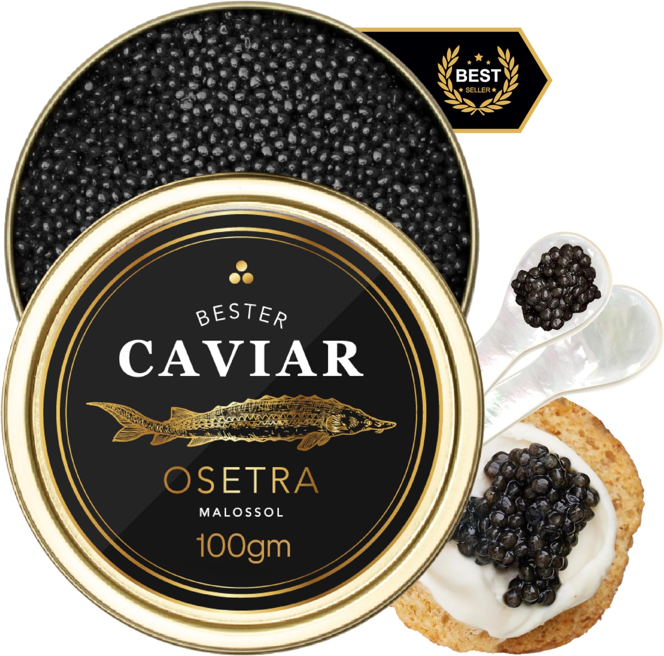 Premium Osetra Sturgeon Caviar – Traditionally Harvested Malossol Ossetra Black Roe with Mother of Pearl Spoon – Single Tin (3.5 oz)