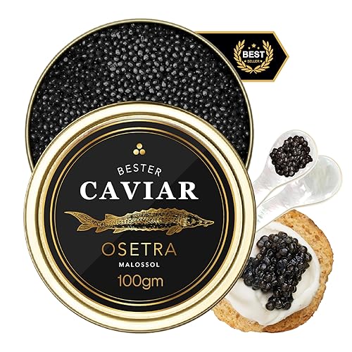Miniatura 13 de BESTER CAVIAR Caviar de Esturión Osetra Premium – Huevas Negras Malossol Ossetra Cosechadas Tradicionalmente con Crème Fraîche, Abrelatas, 2 Blinis