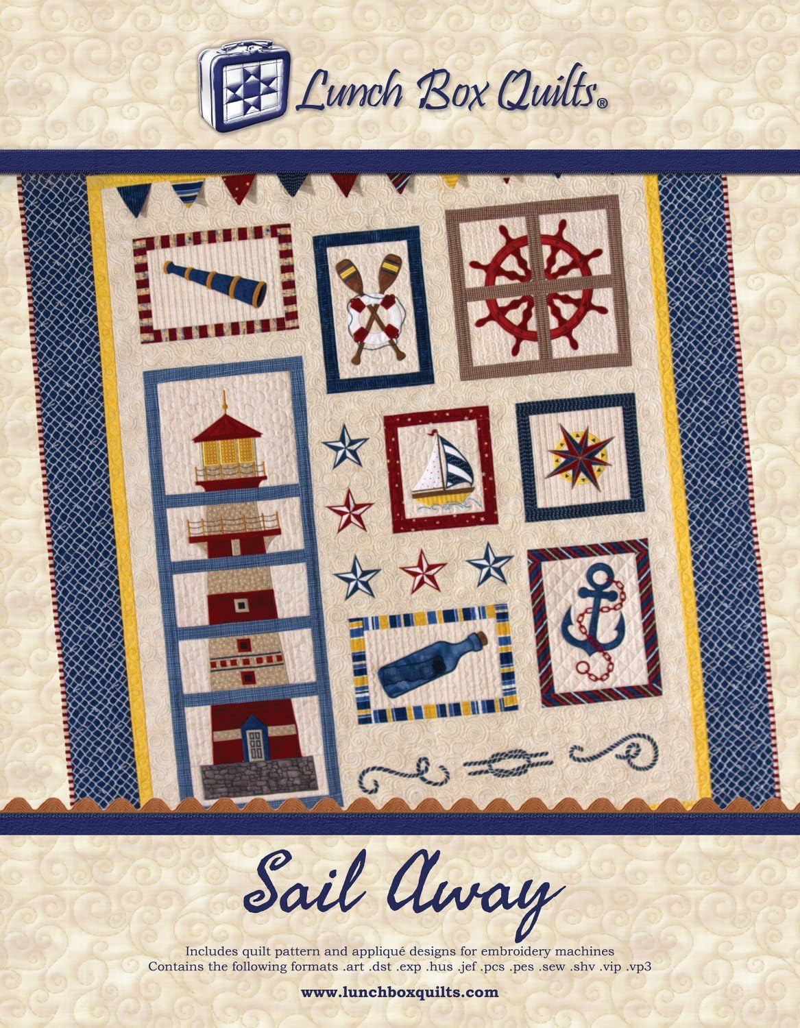 Lunch Box Quilts Sail Away Applique Embroidery Quilt Pattern with Redemption Code & Backup CD for Use with Embroidery Sewing Machines