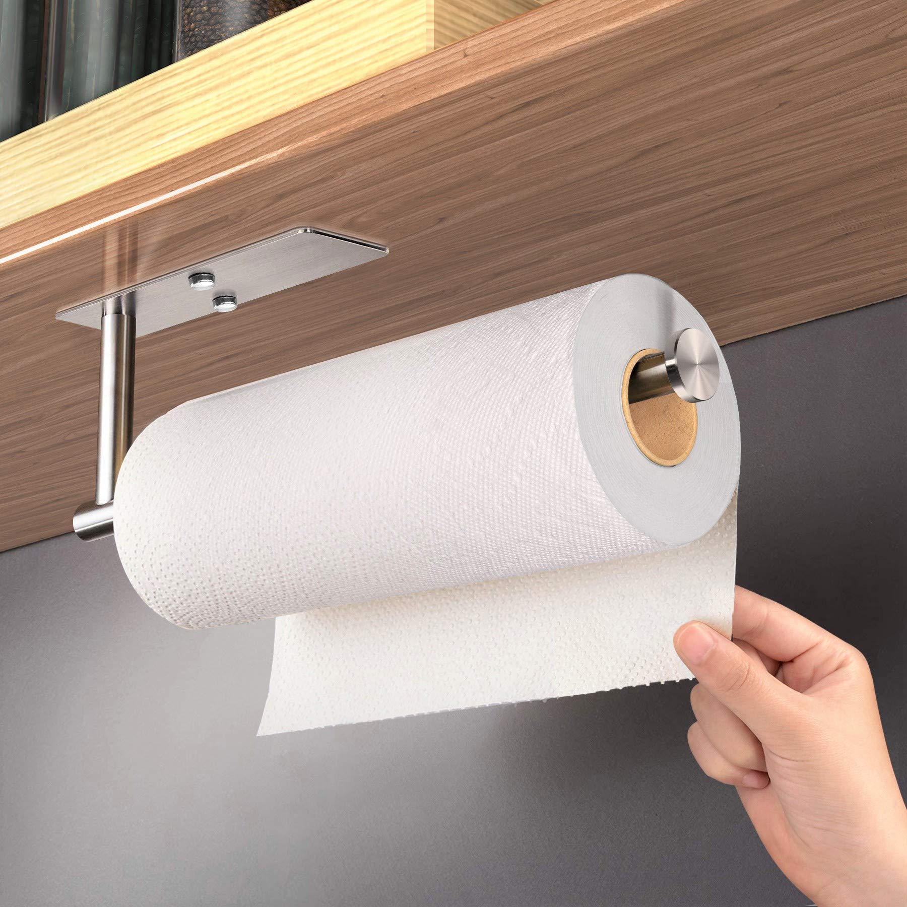 Soporte autoadhesivo para toallas de papel debajo del gabinete, soporte de rollo de papel montado en la pared para cocina, baño, gabinete, pared, acero inoxidable SUS304 2