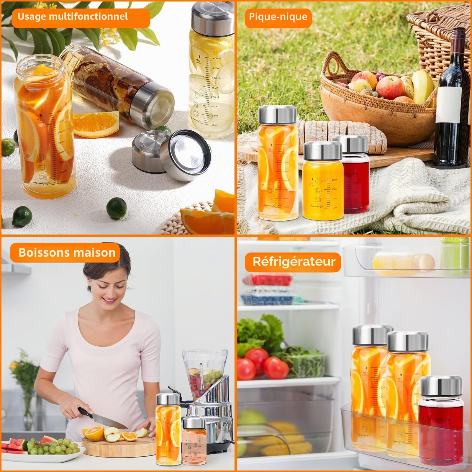 Lot de 6 bouteilles d'eau en verre de 355 ml avec couvercles – Pour jus, smoothies, lait, protéines, réutilisables, couvercles en acier inoxydable, anti-fuite, shaker (400 ml)