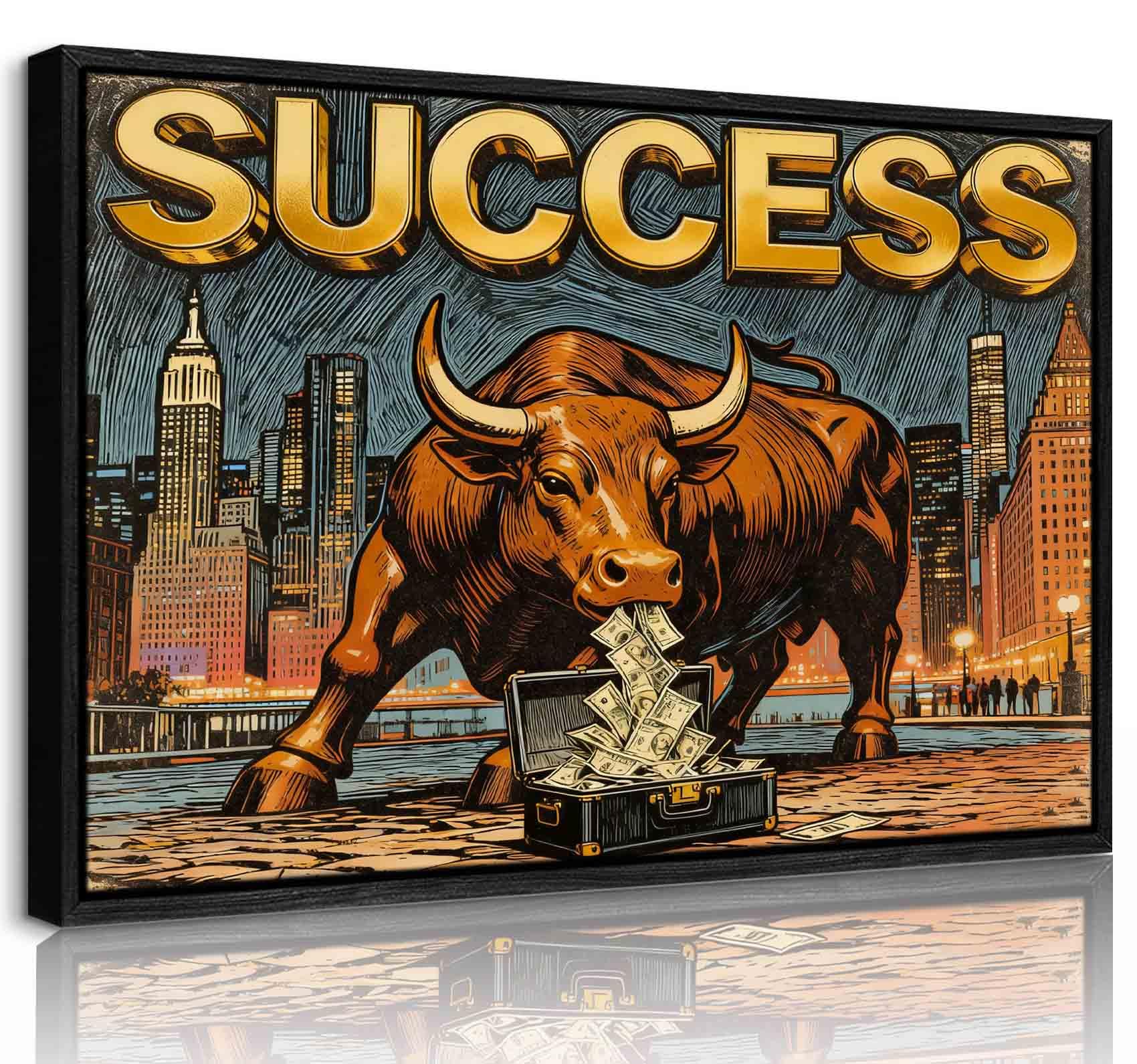 View 1 of ?Framed? Bull Market Success Wall Art - 24x36 inch Inspirational Canvas Print for Financial Investors (Office & Home Decor)