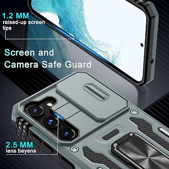 DEERLAMN Case for Samsung Galaxy S23+ Plus with Slide Camera Cover+Screen Protector(1 Pack),Rotated Ring Kickstand Military Grade Shockproof Protective Cover-Gray