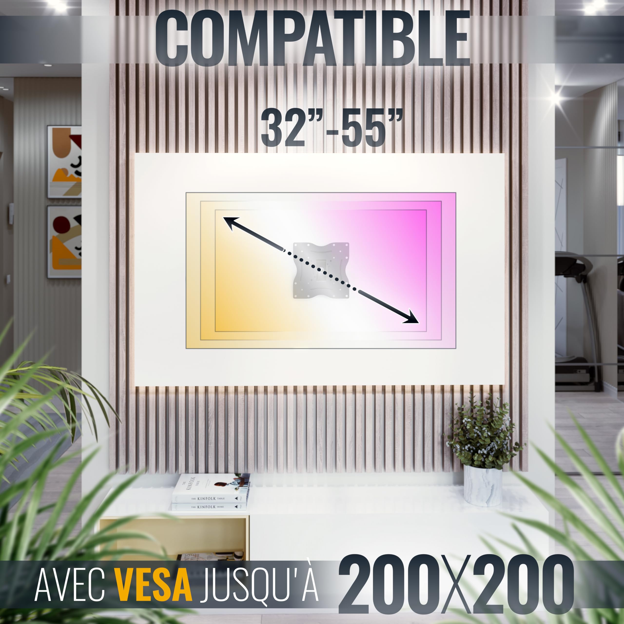 RICOO R12 Support Mural TV 32 40 42 43 48 50 55 Pouces VESA 75x75 100x100 100x200 200x100 200x200 Orientable Inclinable Rotatif Universel Fixation Murale TV