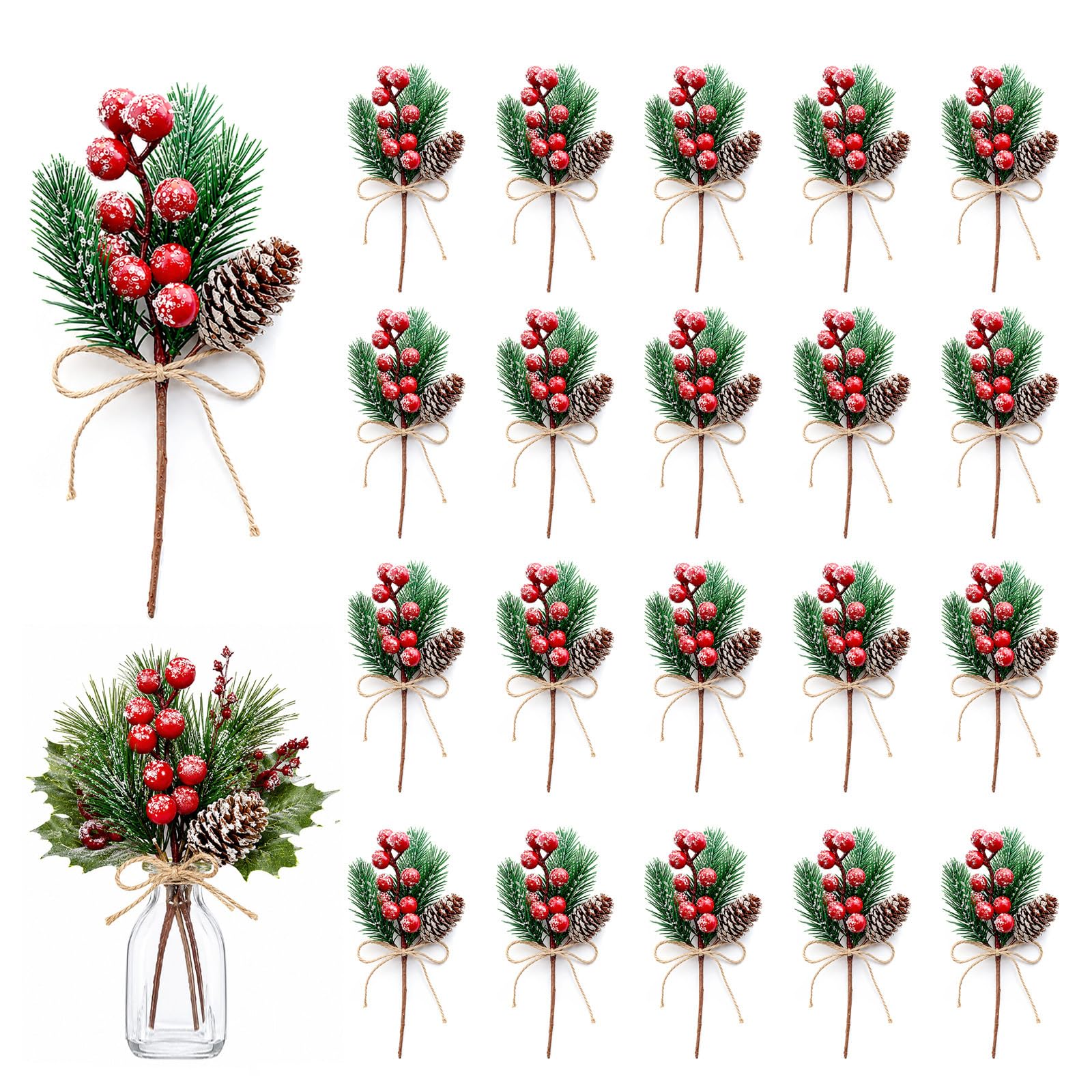20PCS Christmas Decorations, Red Holly Berry Stems & Pine Cone Picks