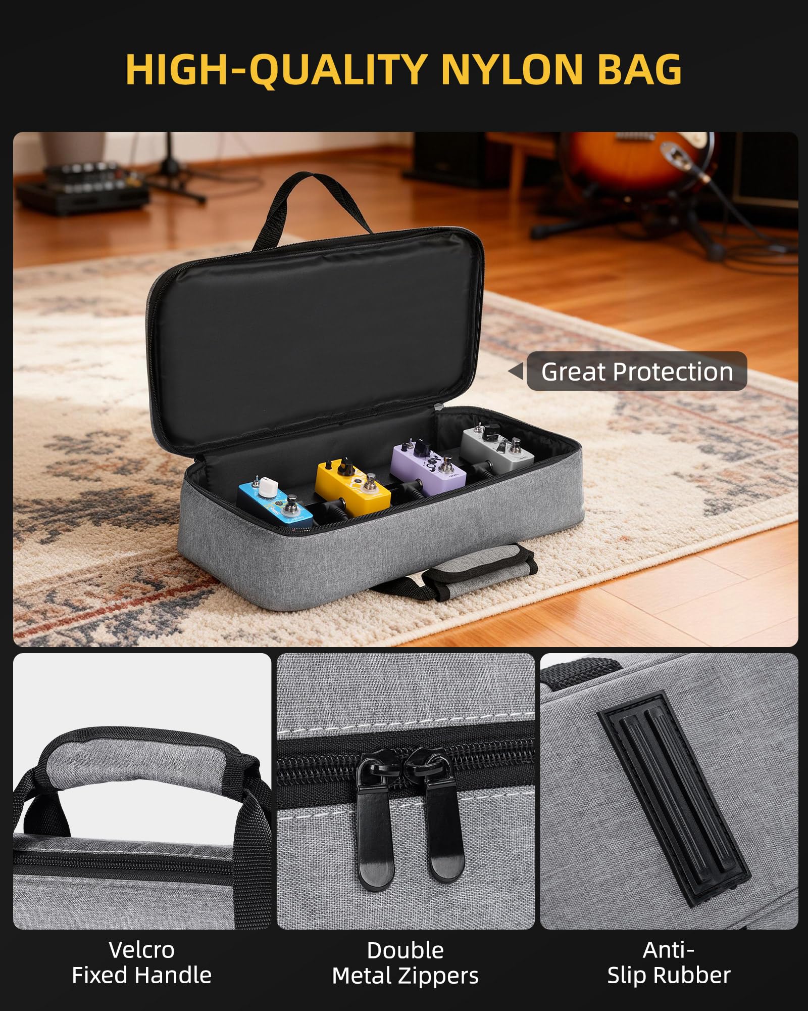 LEKATO Pedalboard z zasilaczem PB-01S, z torbą, kable do pedałów