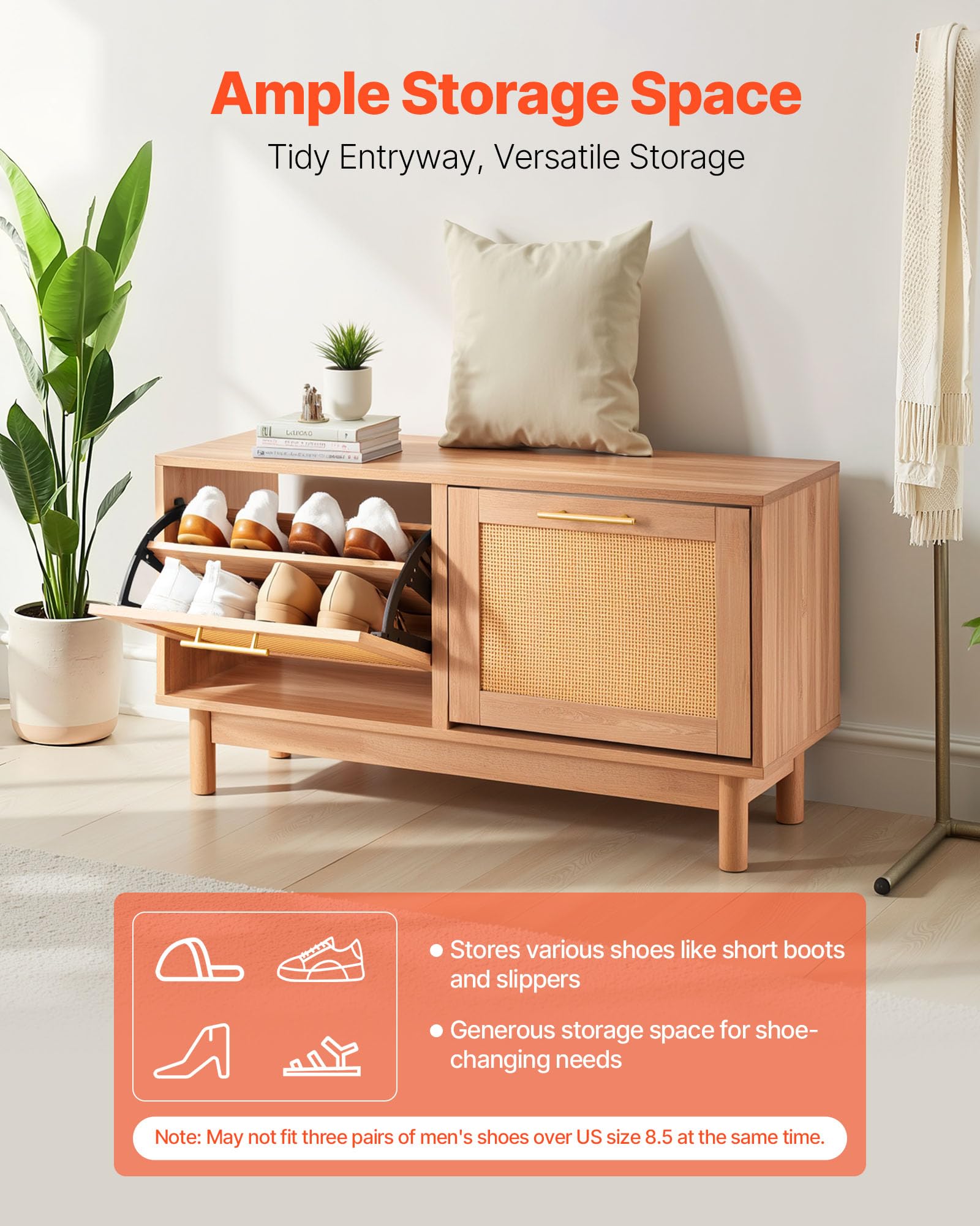VEVOR Panca Portascarpe da Ingresso, Scarpiera con Panca Portascarpe 100x30x53 cm, Contenitore con 2 Cassetti, Scarpiera da 136 kg, 4 Scomparti e 2 Ante in Rattan, per Corridoio, Soggiorno