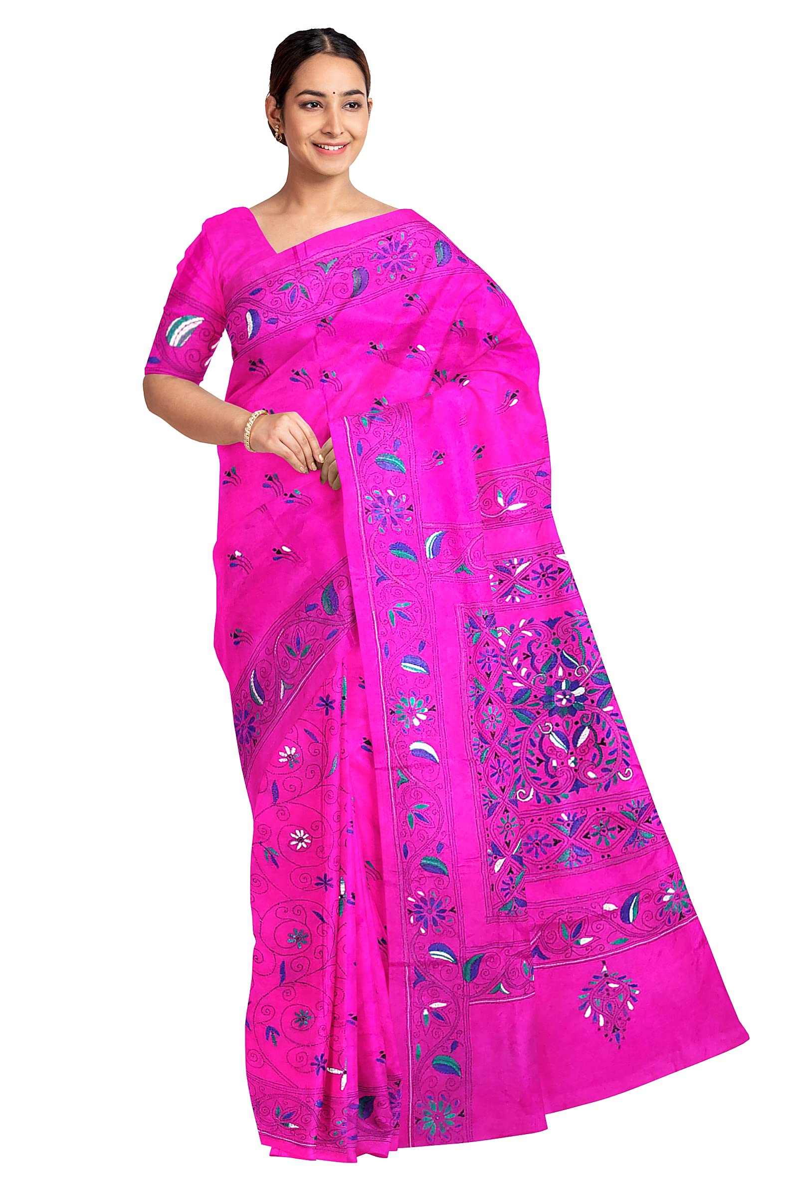 Soul of Bengal - Women's Santiniketan Hand Embroidered Kantha Stitch Silk Saree (Pink; 821023)