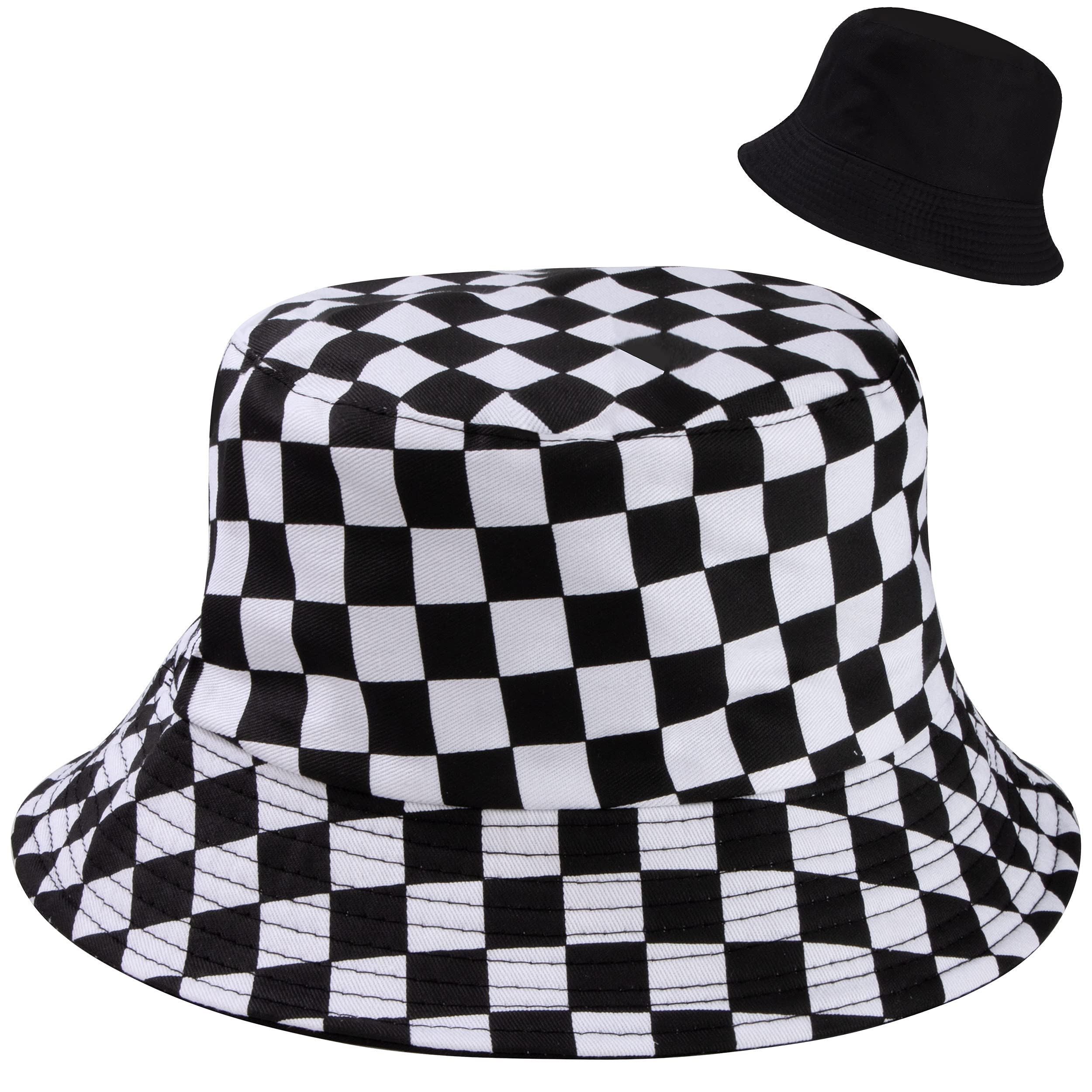 MengH-SHOP Bucket Hat Reversible Cotton Summer Cap Plaid Print Beach Fisherman Hat Foldable Unisex Sun Protective Hat for Hiking Camping Travel Fishing (56-58cm)