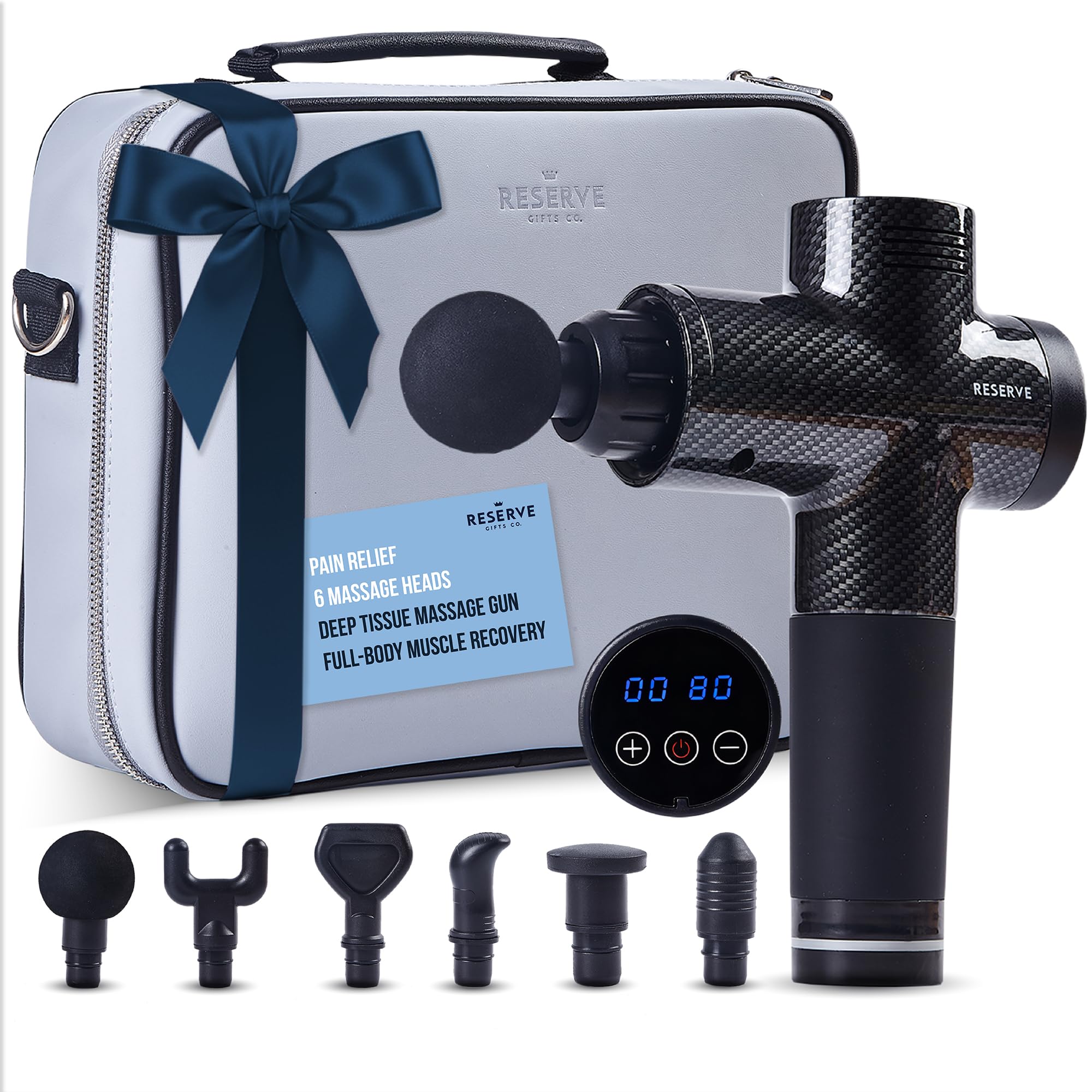 Pistolet de massage cadeau avec étui de transport – Masseur de tissus profonds pour soulager la douleur avec 6 têtes de relaxation à percussion – Moteur silencieux sans balais, pour