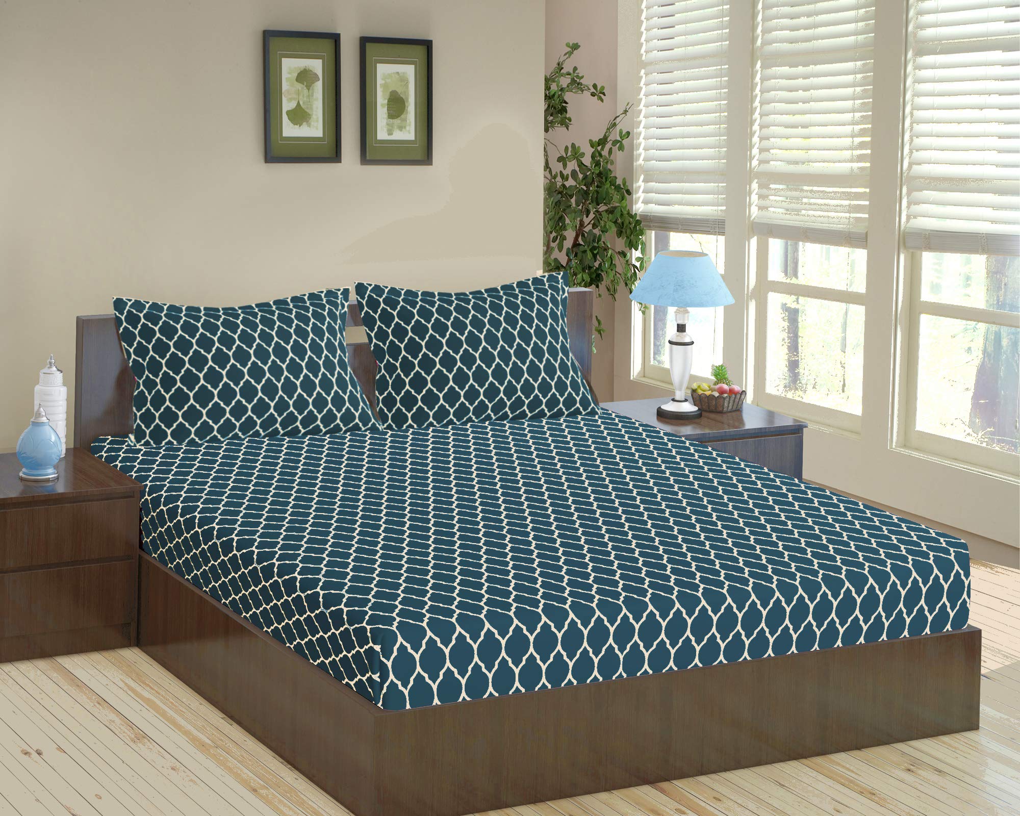 Trance Home Linen 200TC 100% Cotton 84"x72" Elastic Fitted Bedsheet Cal.King Bed Size | Printed Fitted Sheet | Elasticated Fitted Bedspread with 2 Pillow Covers (84x72 inch, Dori Blue)-picture-17