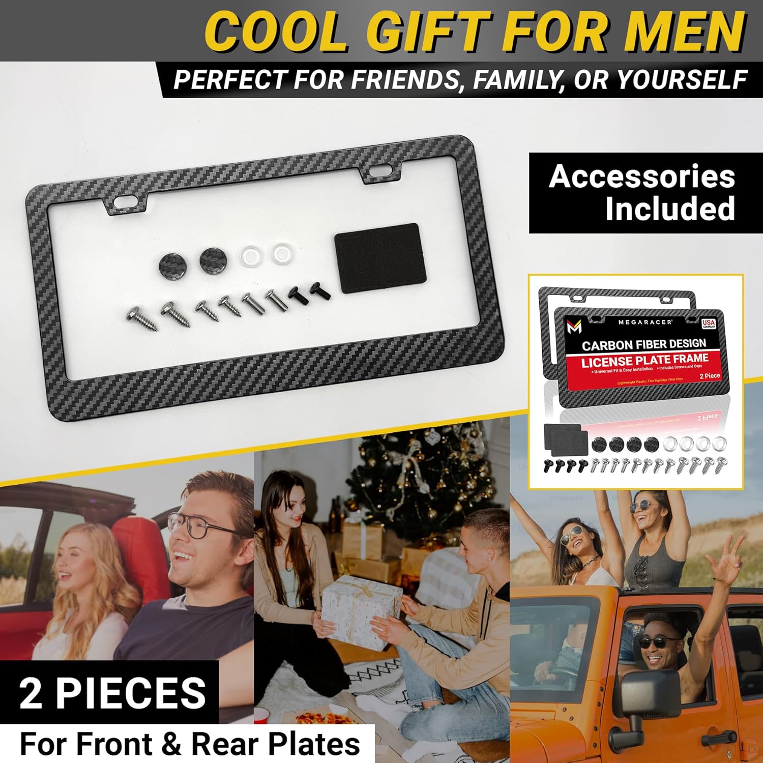Premium Carbon Fiber Pattern License Plate Frames - 2 Pack, Rattle-Free, Car Wash Proof Black Plastic, UV Resistant, Slim Top Edge with Screw Caps, Front & Rear Thin Car Tag Holder, Cool Style for Men