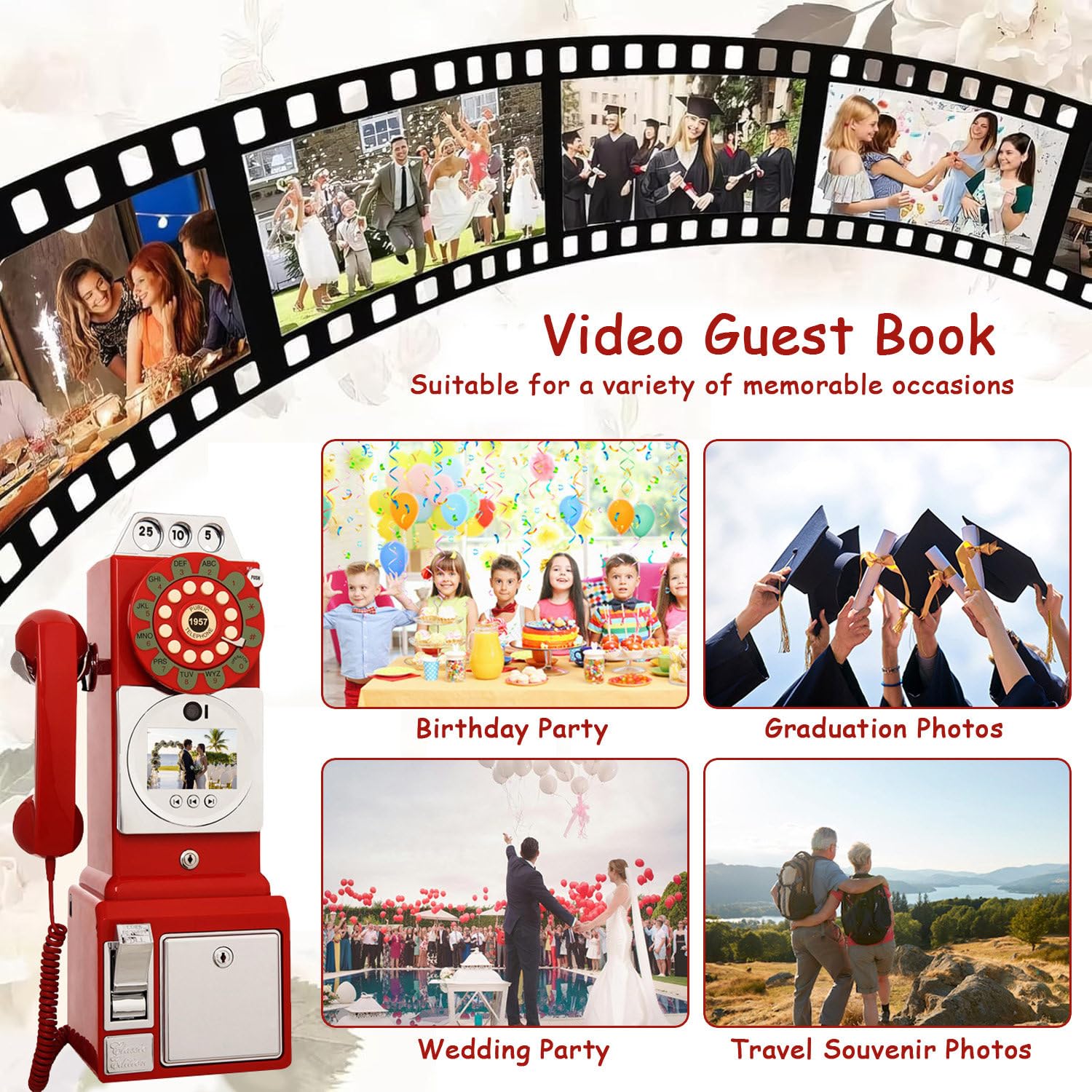 Libro Degli Ospiti Audio per Matrimoni, Telefono per Matrimonio Retrò, Messaggi Video Personalizzati, Cinque Livelli Di Luminosità, Libro Degli Ospiti Video per Feste Di Matrimonio,Black-32GB