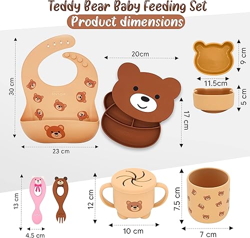 Miniatura 7 de Baby Led Weaning Supplies - Juego de 7 piezas de oso de peluche de silicona para bebés: cuenco de succión, utensilios para bebés, plato, babero,