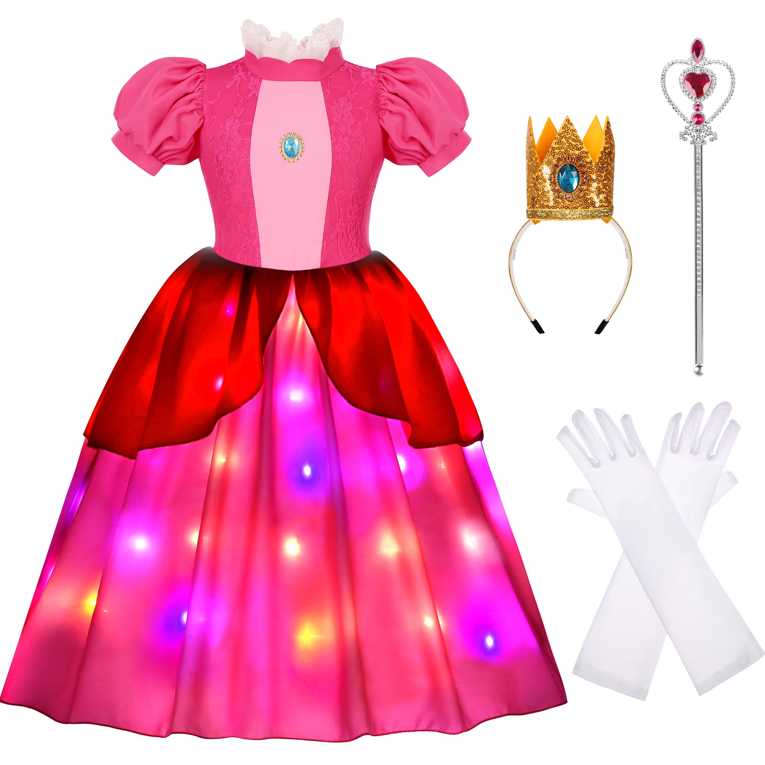 BAURGHOP Peach Costume for Girls Led Light Up Princess Dress for Halloween Carnival Cosplay Party Outfit