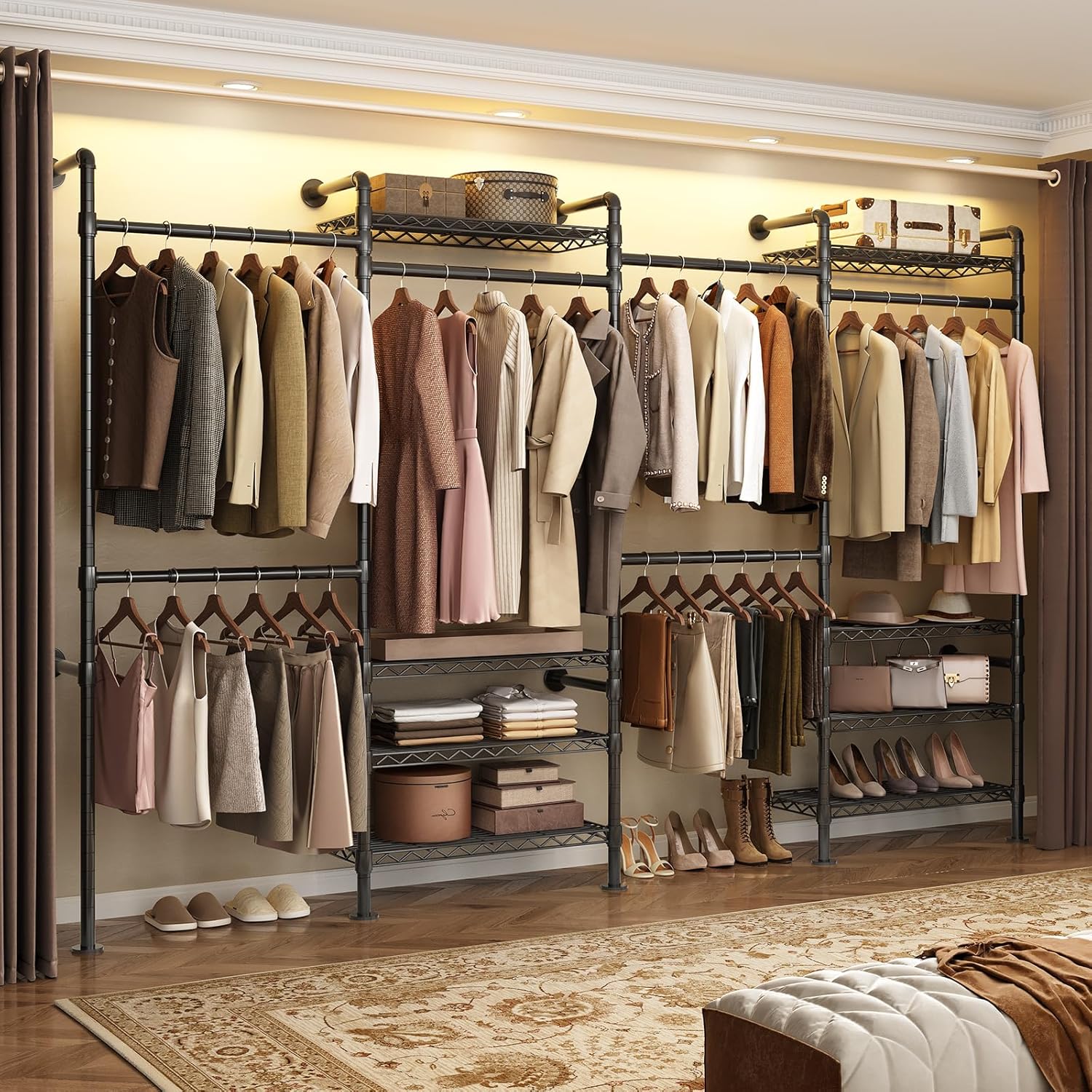 Wall Mounted Garment Rack, Industrial Pipe Metal Clothing Rack with 6 Hanging Rods (4 Expandable) & 8 Shelves, Closet Organizers and Storage System for Bedroom, Walk in Closet