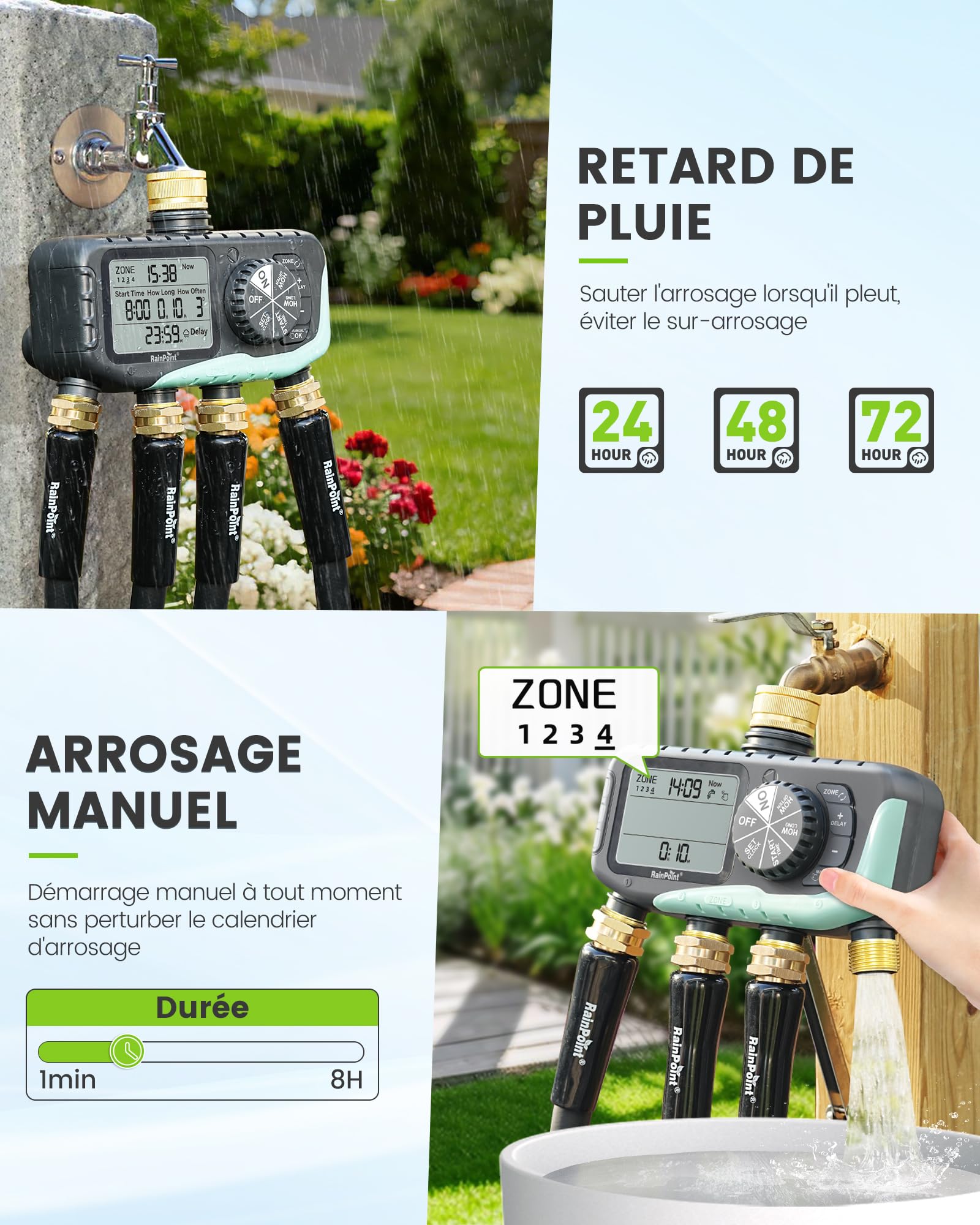RAINPOINT Programmateur Arrosage 4 Voies, Entrée et Sortie en Laiton, Étanche IP65, Minuterie Arrosage Automatique avec Retard de Pluie/Irrigation Manuelle, pour Serre, Pelouse et Jardin