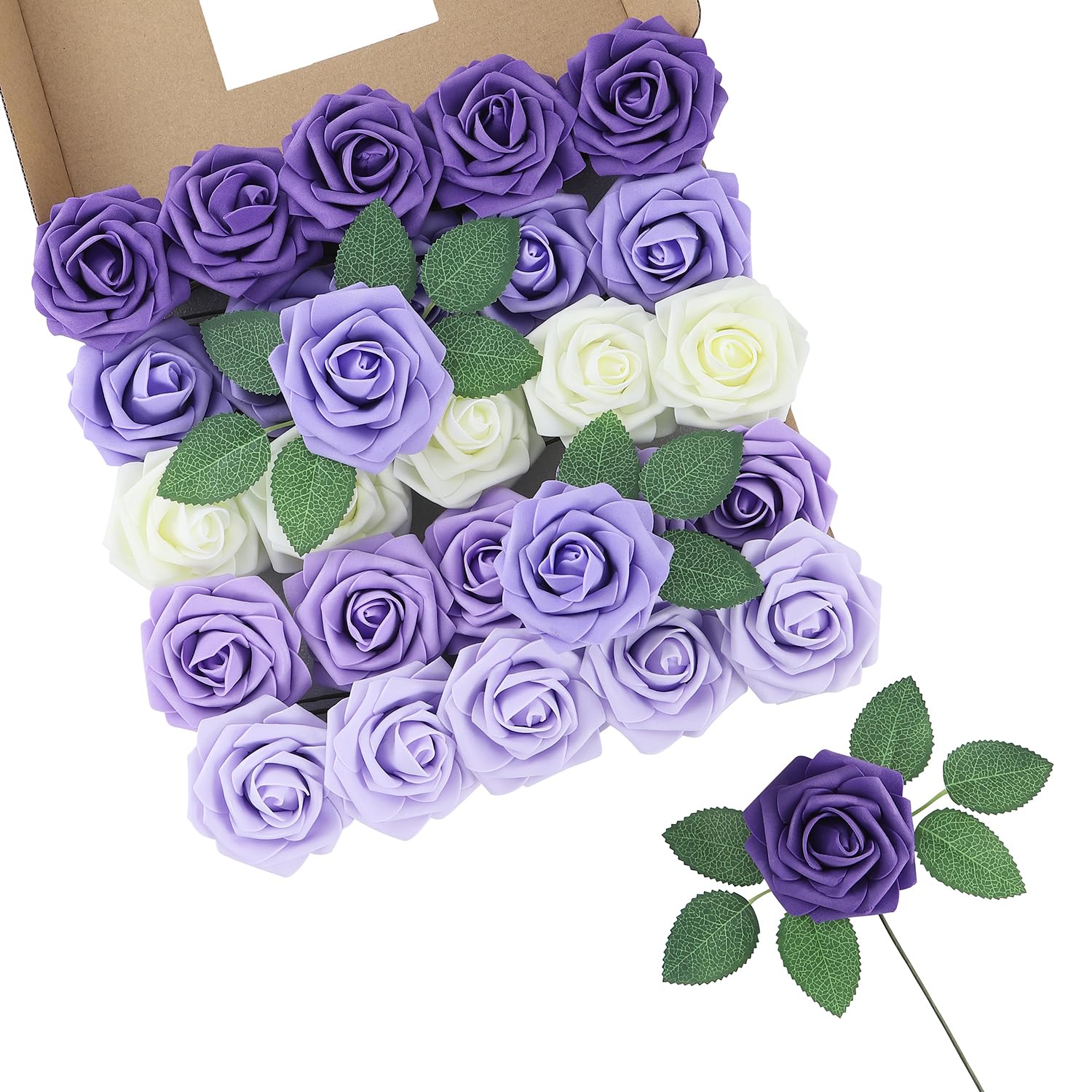 LEUCHTAMOR 25Pcs Artificial Roses Flowers Purple Fake Roses Real Touch Foam Rose Heads for Wedding Bridal Bouquets Centerpieces Floral Arrangement Party Home Decoration — image 1