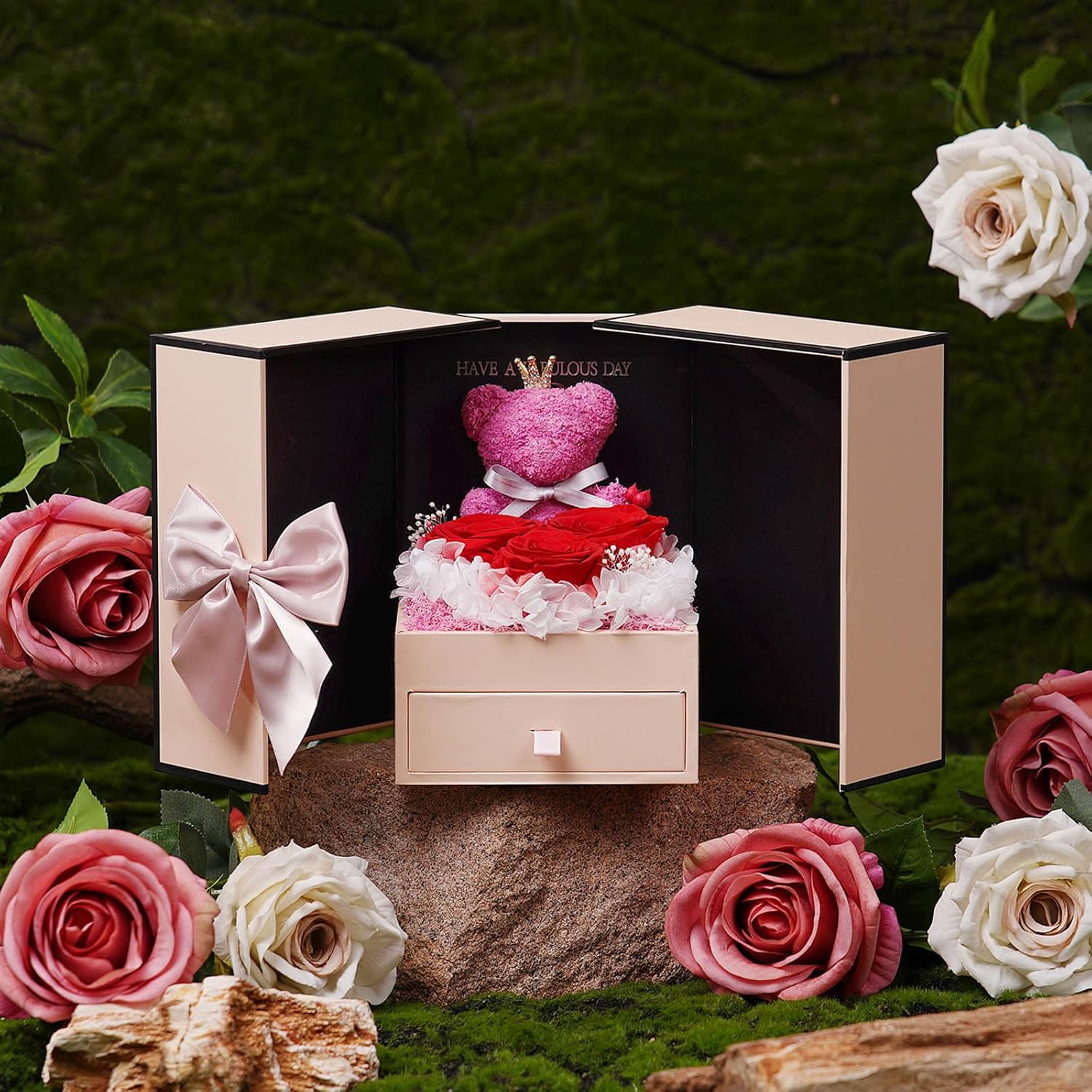 ADDWel Valentines Day Rose Gifts for Women, Preserved Eternal Roses Bear Gift Box with I Love You Necklace 100 Languages Romantic Forever Real Roses Gifts for Her Girlfriend Wife Mom Birthday Presents - Image 8