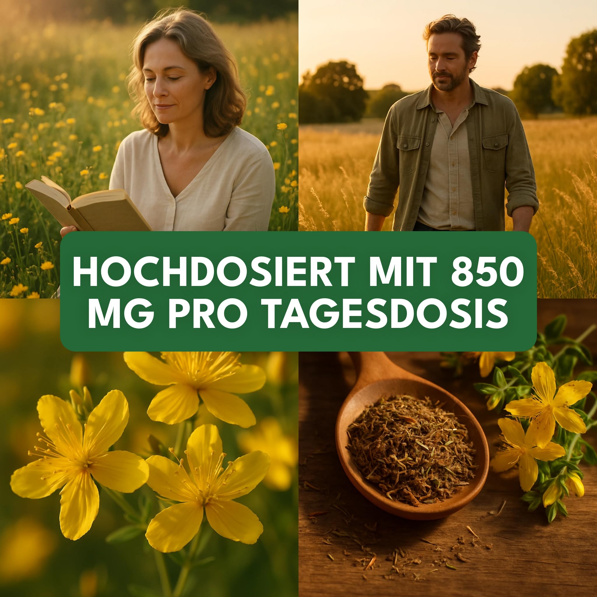 Green Naturals Johanniskraut – Hochdosiert: 850 mg Extrakt – 180 Kapseln | 15:1 pro Tagesdosis · Entspricht 12.750 mg · 2,55 mg Hypericin · Hypericum perforatum · 3-Monatsvorrat
