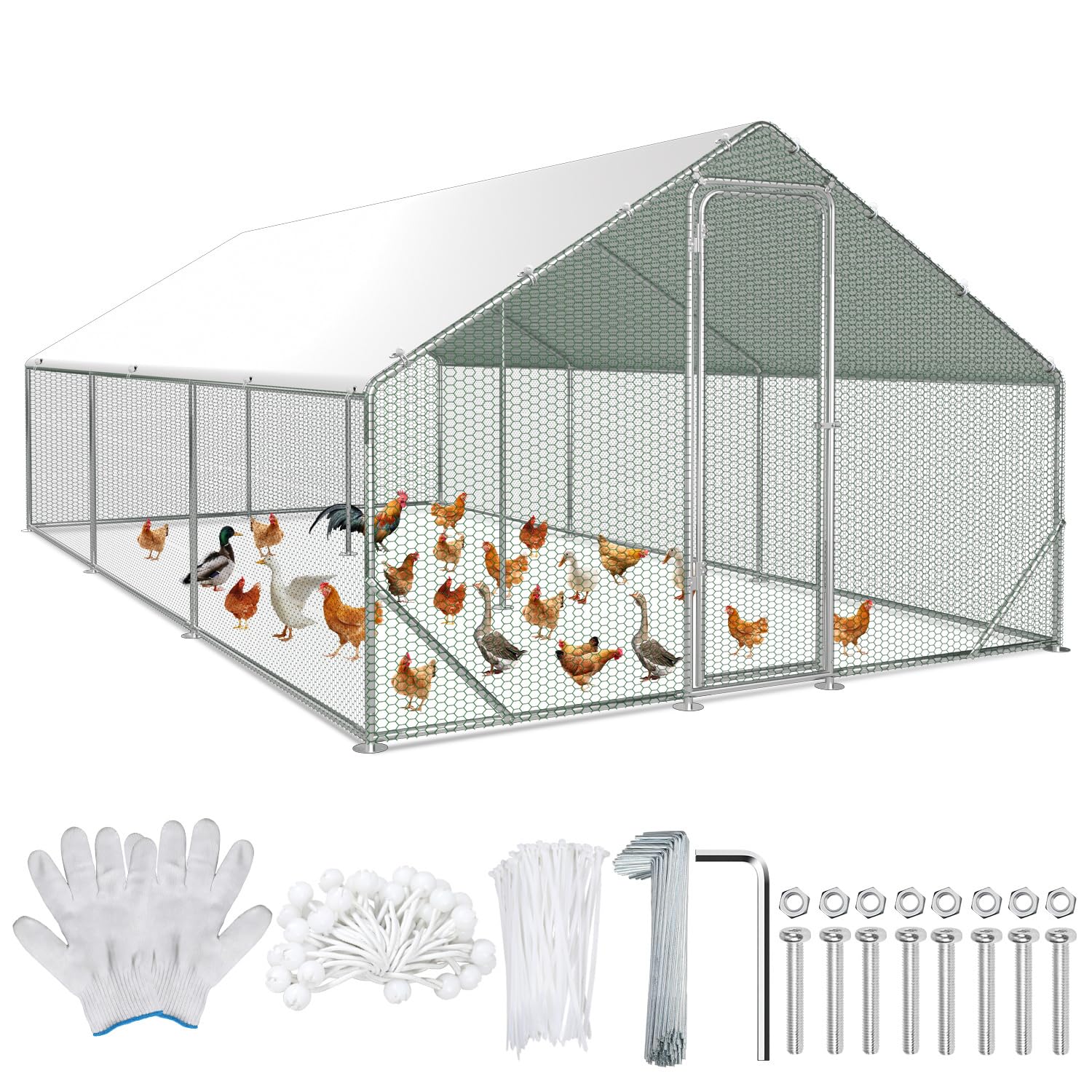 3x6x2m Hühnerstall Freilaufgehege Hühnergehege Verzinkter Stahl Hühnerhaus mit Tür & Riegel Geflügelstall für Hühner Kaninchen Gänse Tauben und Wachteln Metallgehege mit Netz