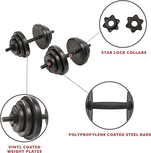 Miniatura 3 de Sunny Health & Fitness Juego de mancuernas de vinilo para ejercicio de 40 libras, pesas de mano para entrenamiento de fuerza, pérdida de peso, banco