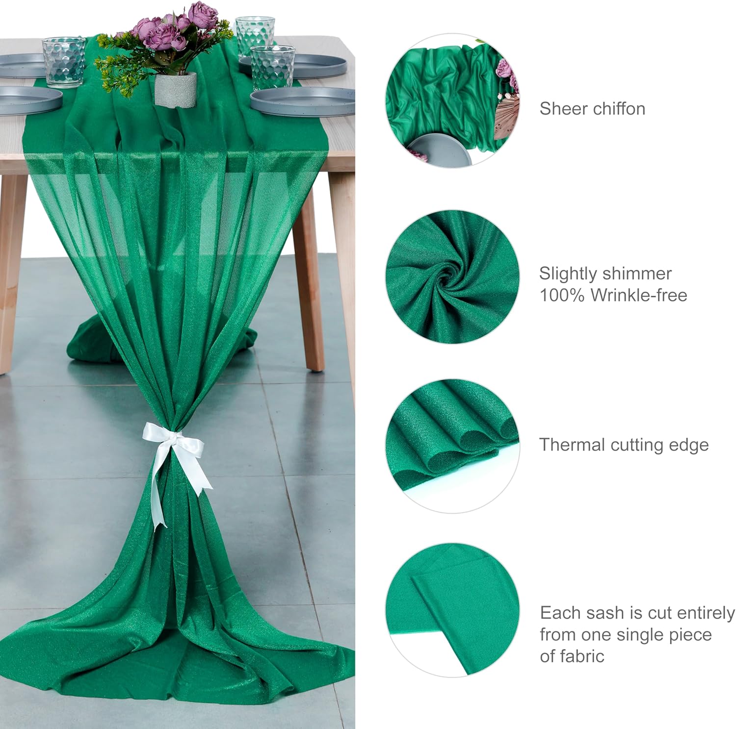 MDS 10 Pack 10ft Chiffon Table Runner 29 x120 Inches Sheer Wedding Runner Romantic Rustic Table Runner for Wedding Decorations, Birthday Parties, Bridal Shower Party Arch Decor - Emerald Green