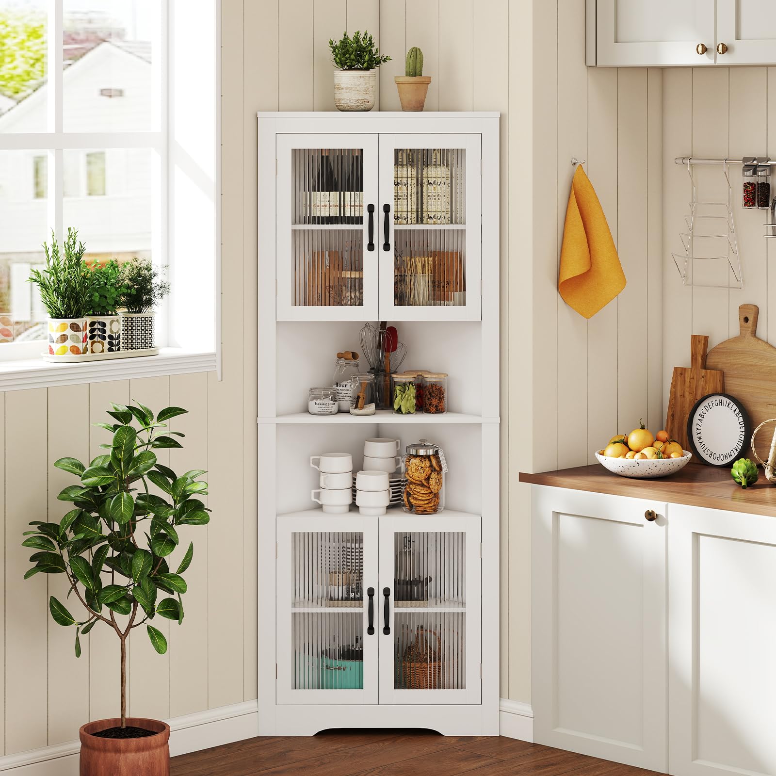 GOPLUS Armoire d'Angle de 171 CM de Haut,Meuble de Rangement à 6 Niveaux avec 4 Portes en Verre, Étagères Réglables sur 3 Niveaux, Charge 60KGpour Salle de Bain, Salon, Cuisine, 66 x 35 x 171 cm Blanc