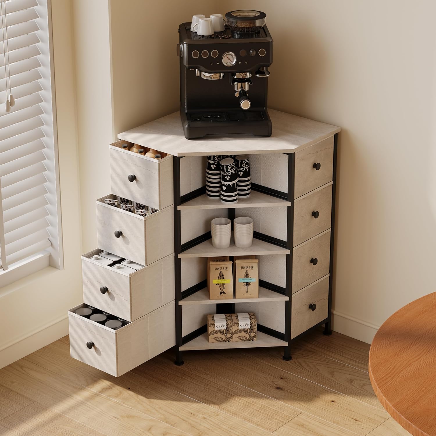 LUMTOK 8 Drawers Corner Dresser with Storage Fabric Drawers and Open Shelves for Small Space，Bedroom，Entryway，Living Room (Greige)