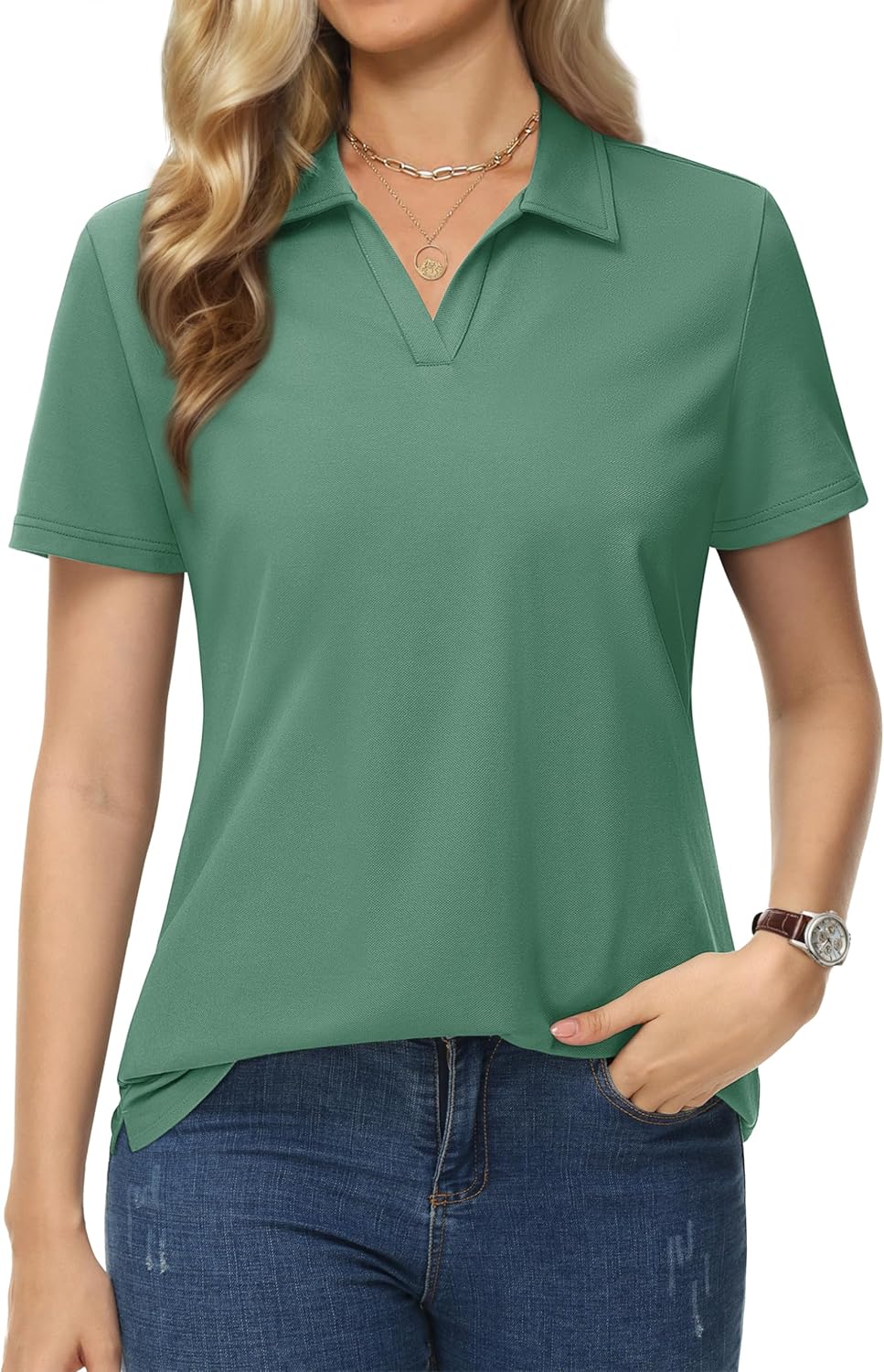 MAGCOMSEN Women's Polo Shirts Cotton Short Sleeve V-Neck Collared Tops Golf Shirt Work Casual Summer Tee