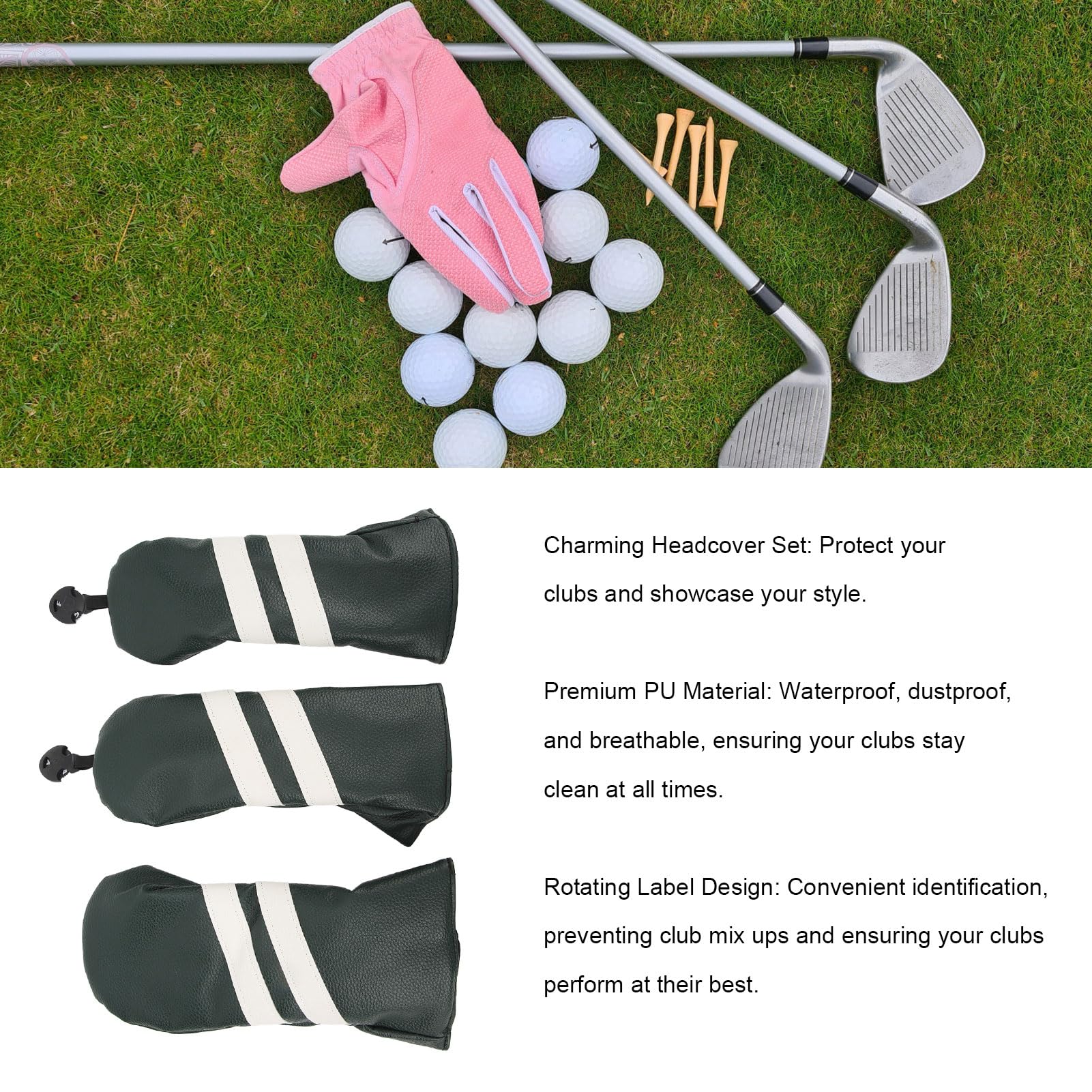 Copricapo per club, 3 pezzi Copri testa per driver in PU Protezione per club Etichetta girevole antipolvere ibrida in legno Fairway per sport da golf all'aperto