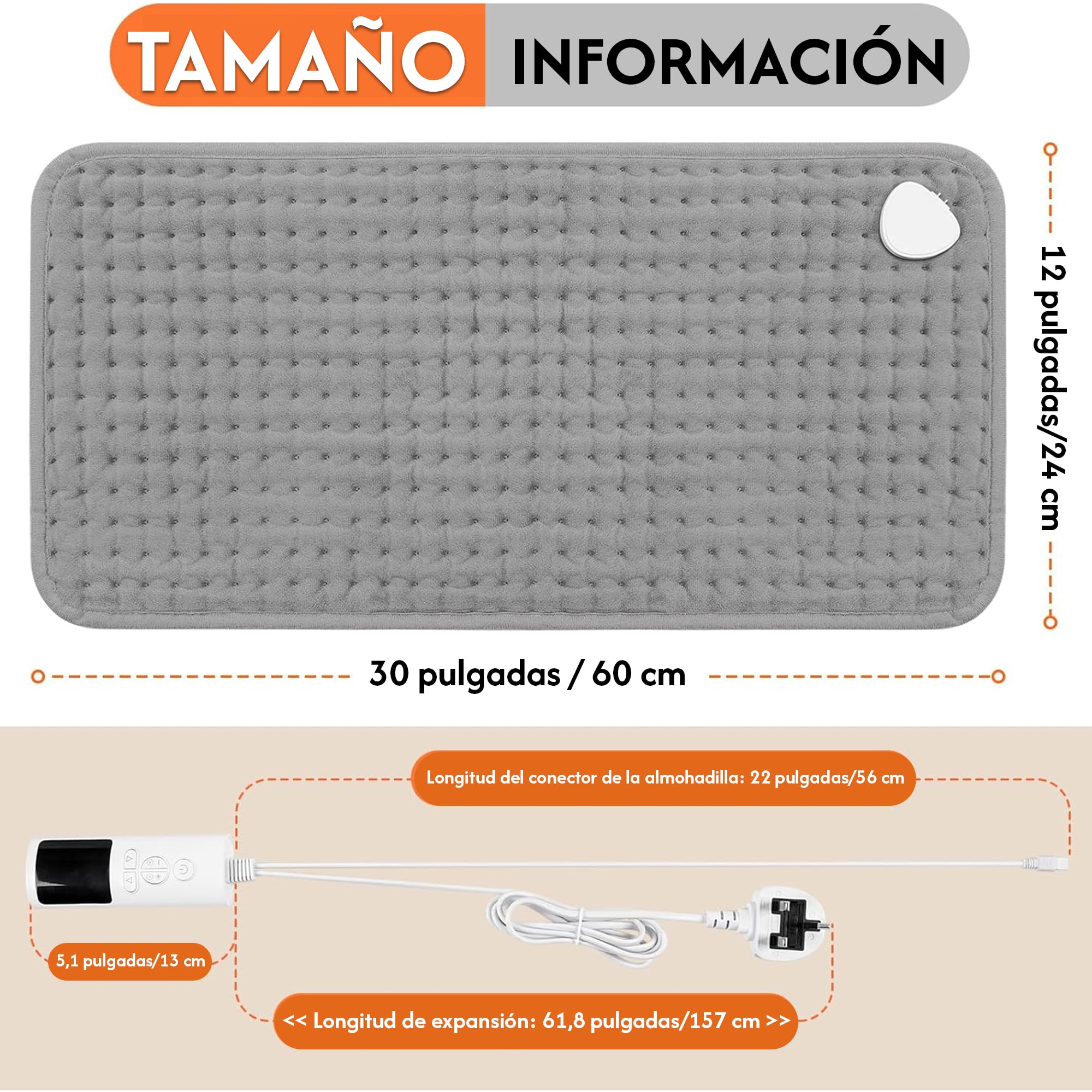 Almohadilla Eléctrica 30 x 60 cm para Espalda, Cuello y Abdomen, Cojín Calefactor con Pantalla Digital, 9 Niveles de Calor y Apagado Automático, Uso Doméstico