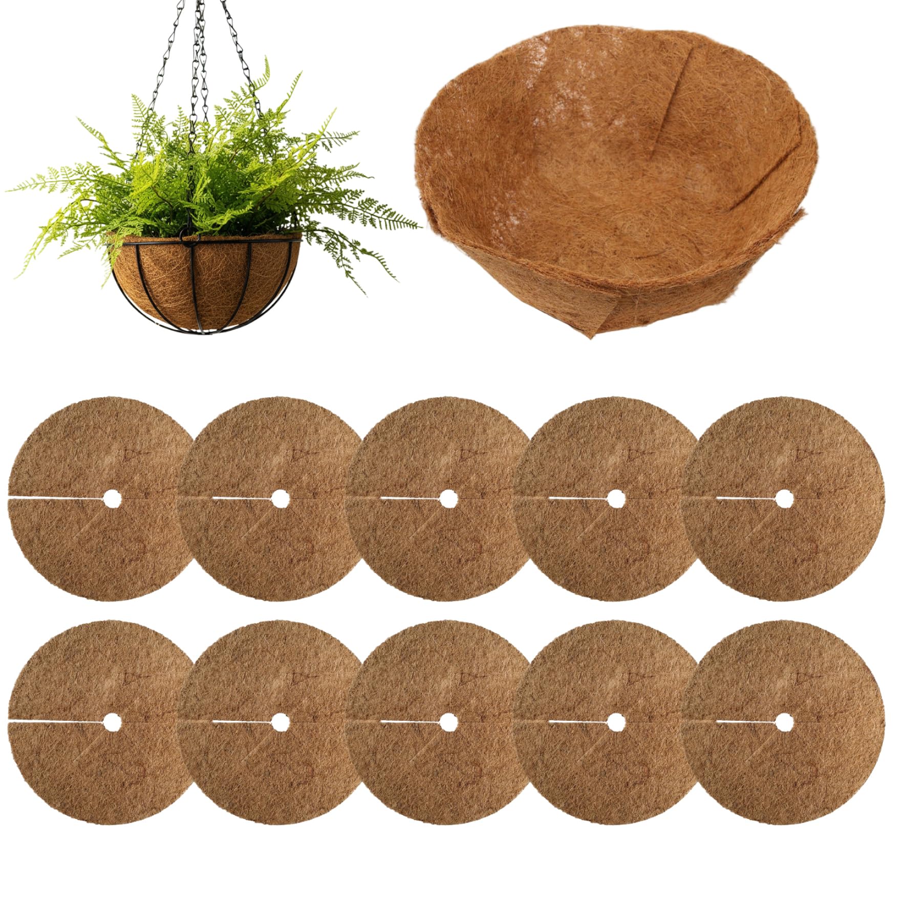 CAKEEYUM Basket Liners 10PCS 12 Inch Round Foldable Coconut Fiber for Plants Replacement Planter Liner for Garden Flower Pot